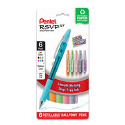Six-pack of colorful Pentel RSVP RT ballpoint pens with 1.0mm smooth writing tips, latex-free grips, and refillable ink housed in recyclable paper packaging.