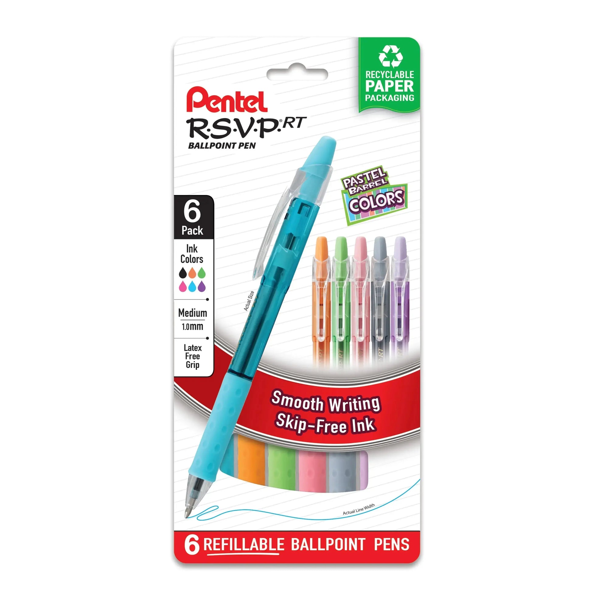 Six-pack of colorful Pentel RSVP RT ballpoint pens with 1.0mm smooth writing tips, latex-free grips, and refillable ink housed in recyclable paper packaging.