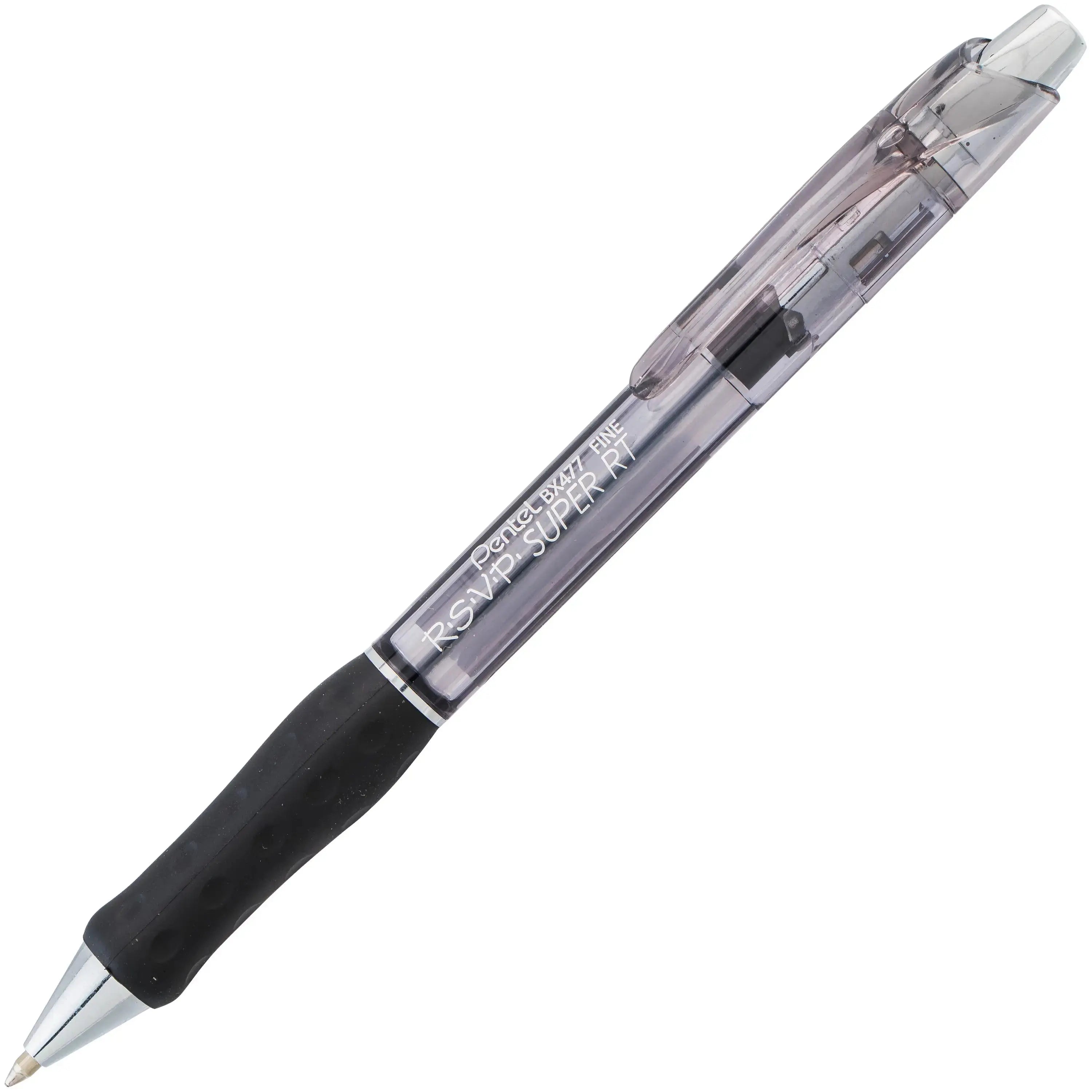 Retractable ballpoint pen with dark translucent barrel and black rubber grip, fine point tip, showcasing durable design ideal for smooth writing and creative projects.