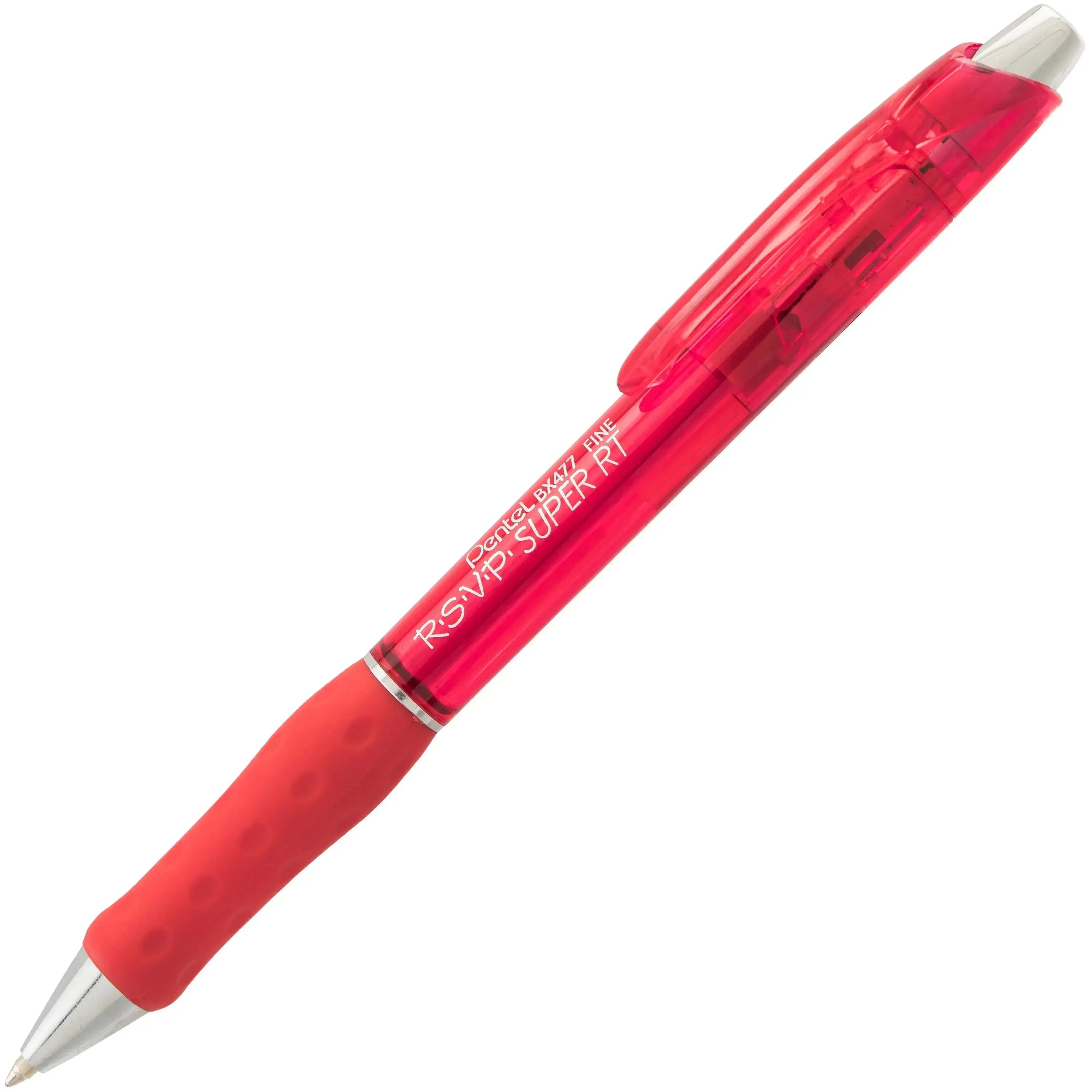 Red retractable ballpoint pen with a soft grip and sleek design, part of premium writing tools offering smooth and consistent ink flow.