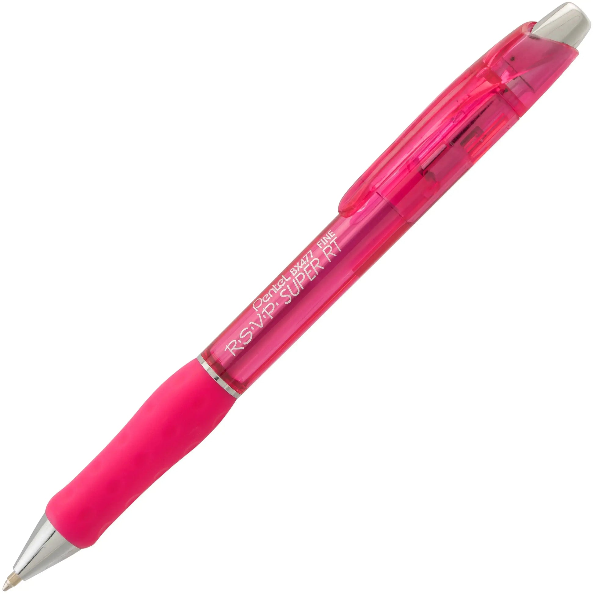 Close-up of a bright pink ballpoint pen with a translucent barrel and ergonomic grip designed for comfortable writing with smooth ink flow.