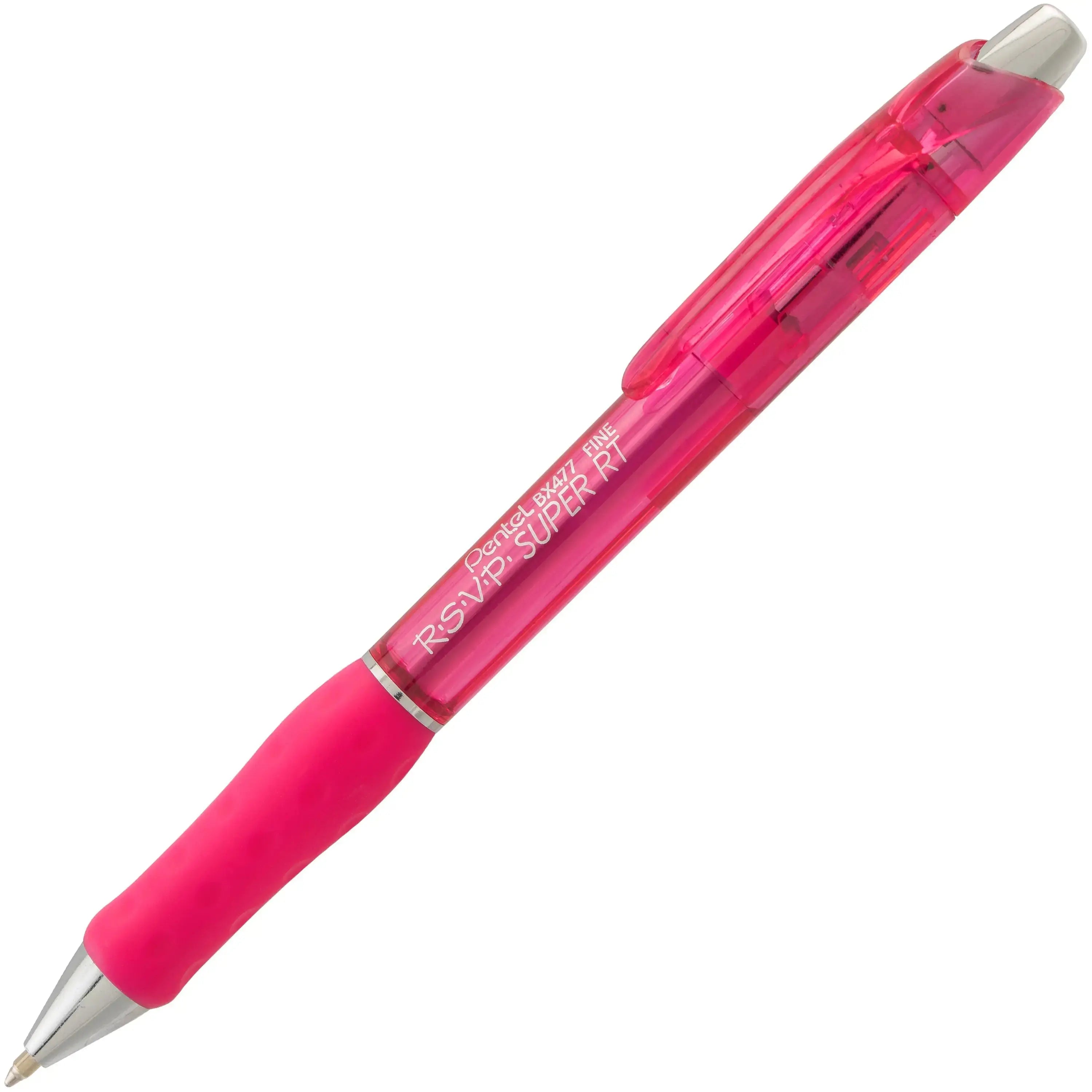 Close-up of a bright pink ballpoint pen with a translucent barrel and ergonomic grip designed for comfortable writing with smooth ink flow.