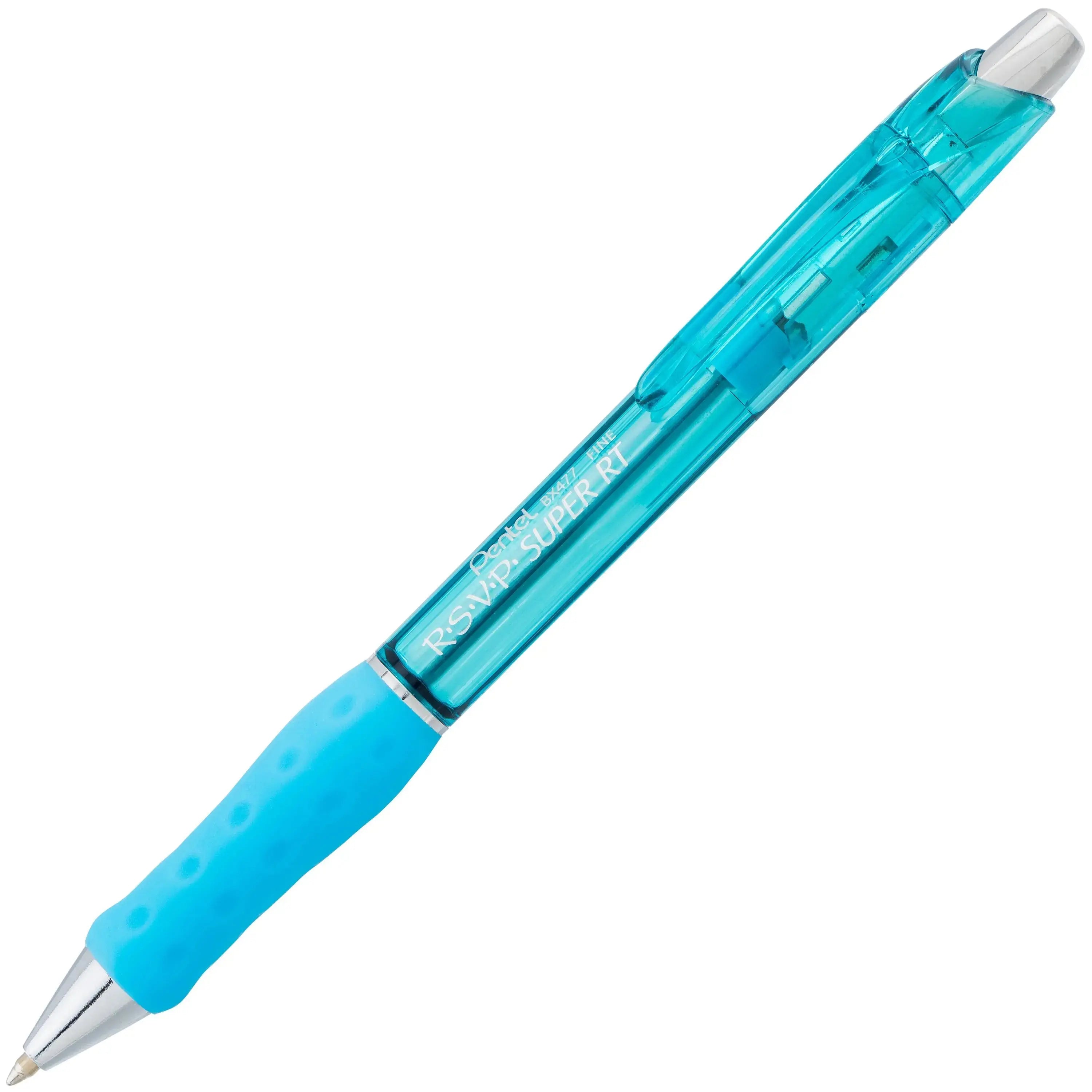 Blue retractable ballpoint pen with a comfortable rubber grip, clear barrel showing ink refill, designed for smooth writing and everyday use.