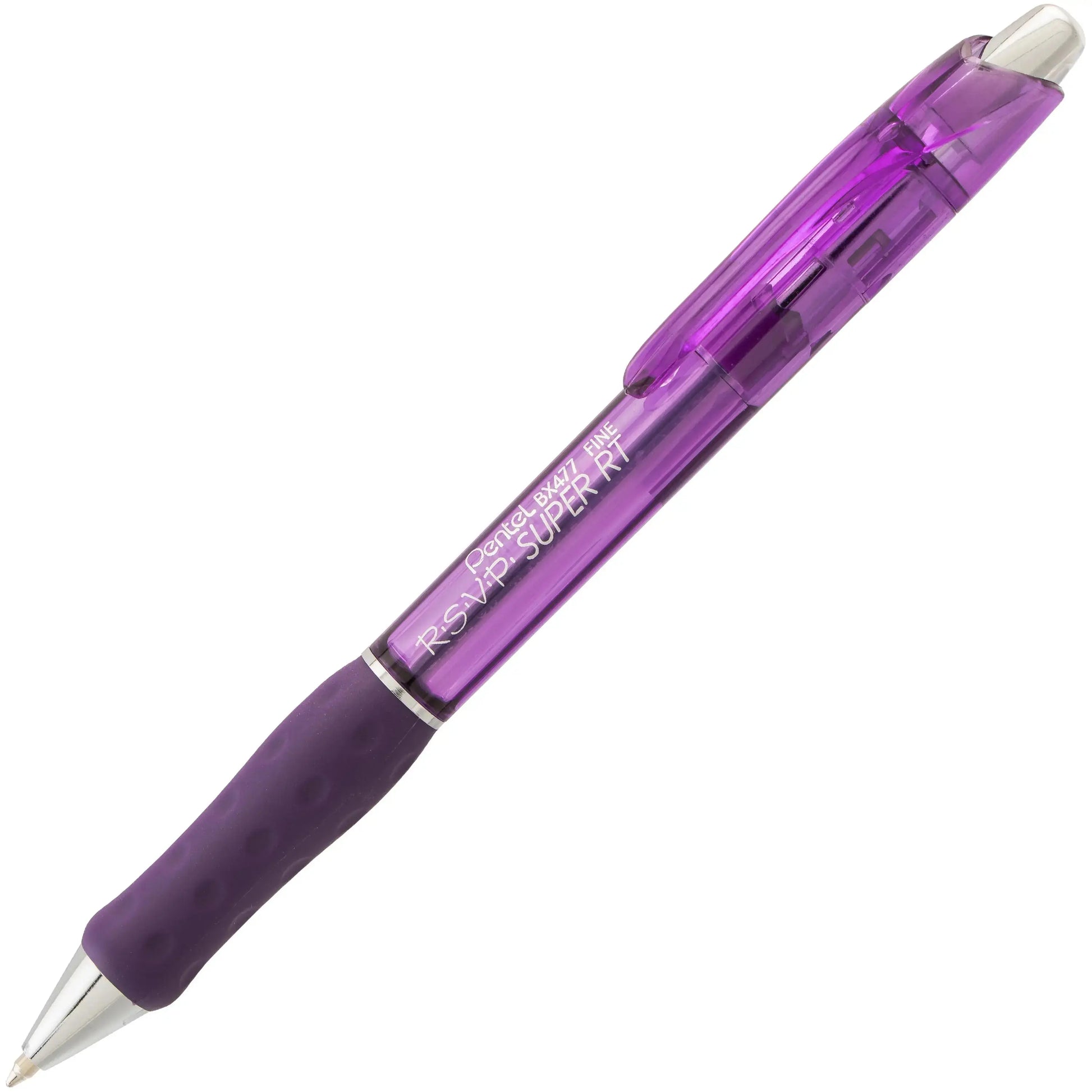 Purple retractable ballpoint pen with a comfortable grip, featuring smooth ink flow and durable design for premium writing performance.