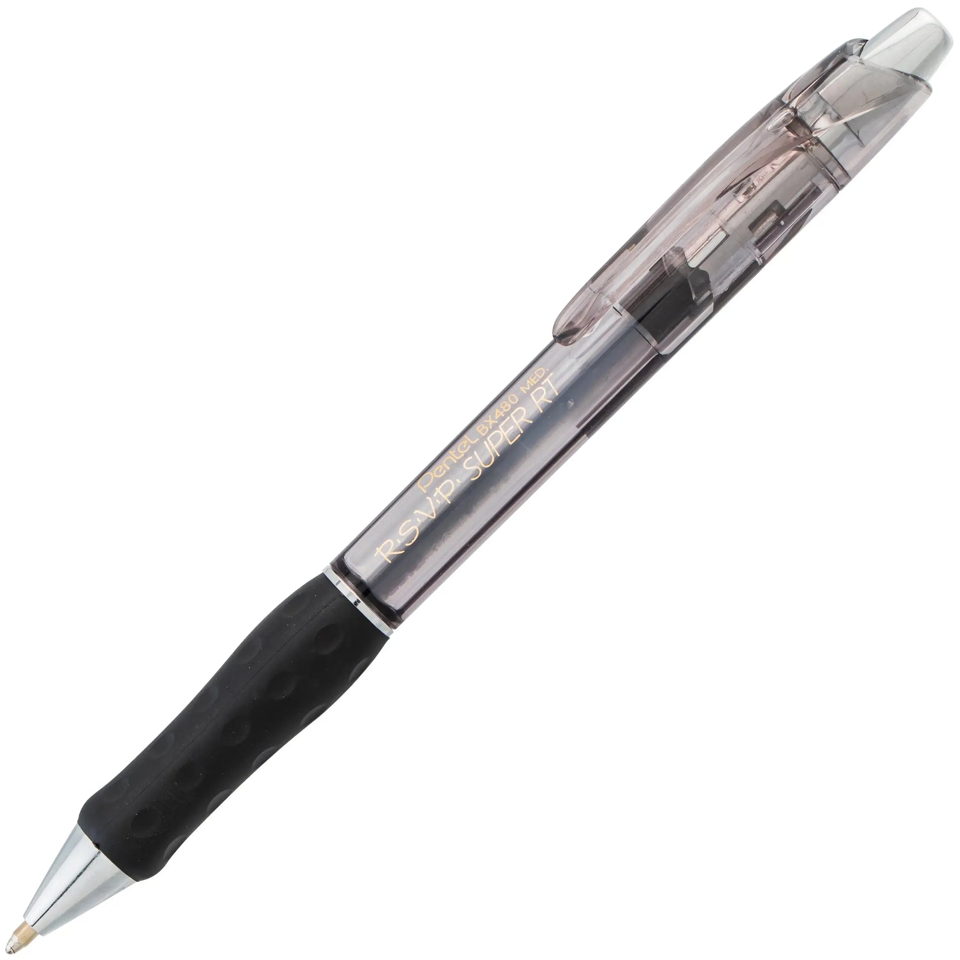 Transparent barrel ballpoint pen with black grip and retractable tip, designed for smooth writing and premium performance, ideal for everyday use and art supplies.
