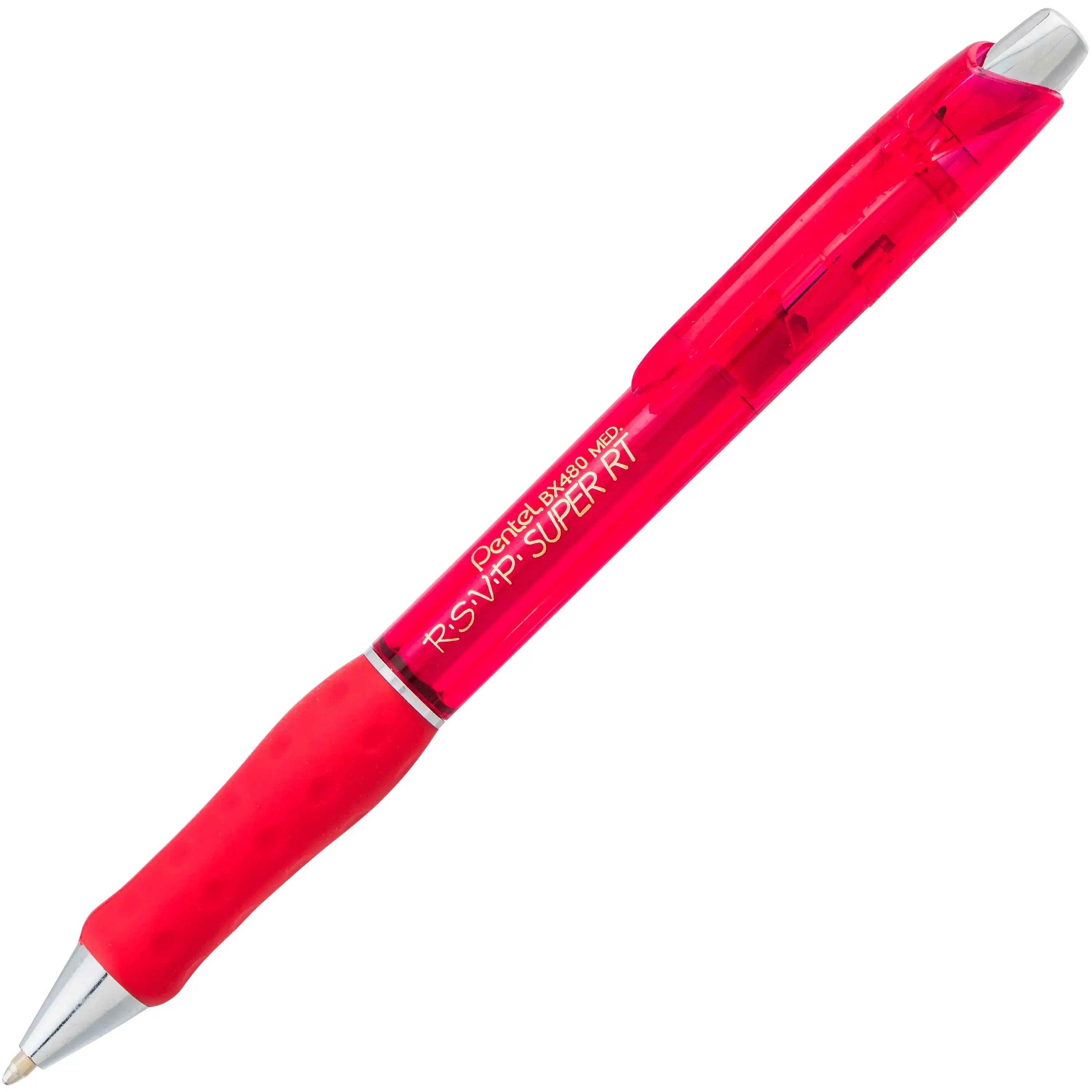 Red retractable ballpoint pen with a comfortable rubber grip and sleek design, ideal for smooth writing and everyday use.