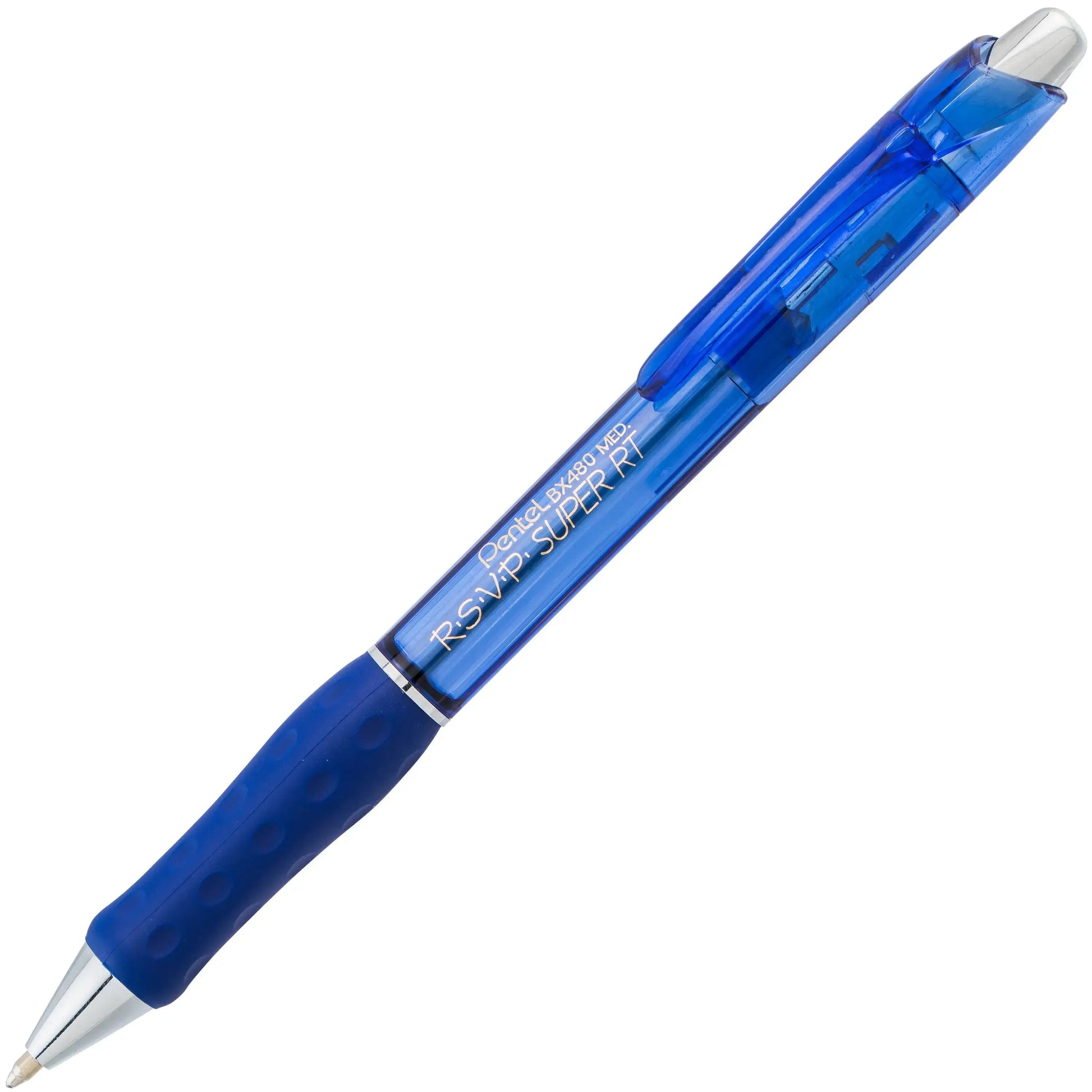 Blue retractable ballpoint pen with ergonomic grip, part of a premium writing tool collection designed for smooth, consistent ink flow and long-lasting performance.
