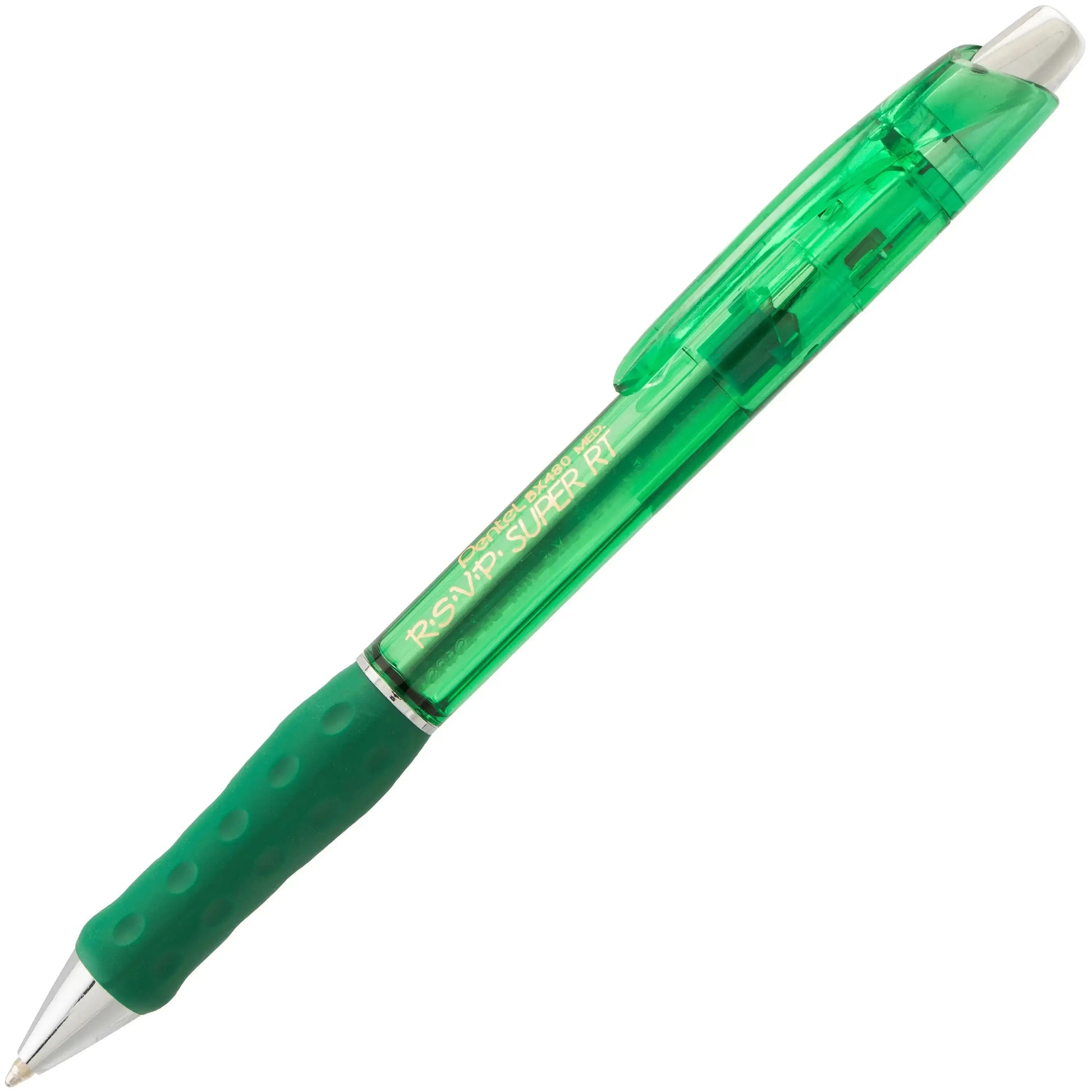 Green retractable ballpoint pen with textured rubber grip and clear clip, designed for smooth writing with assorted ink options and premium build quality.