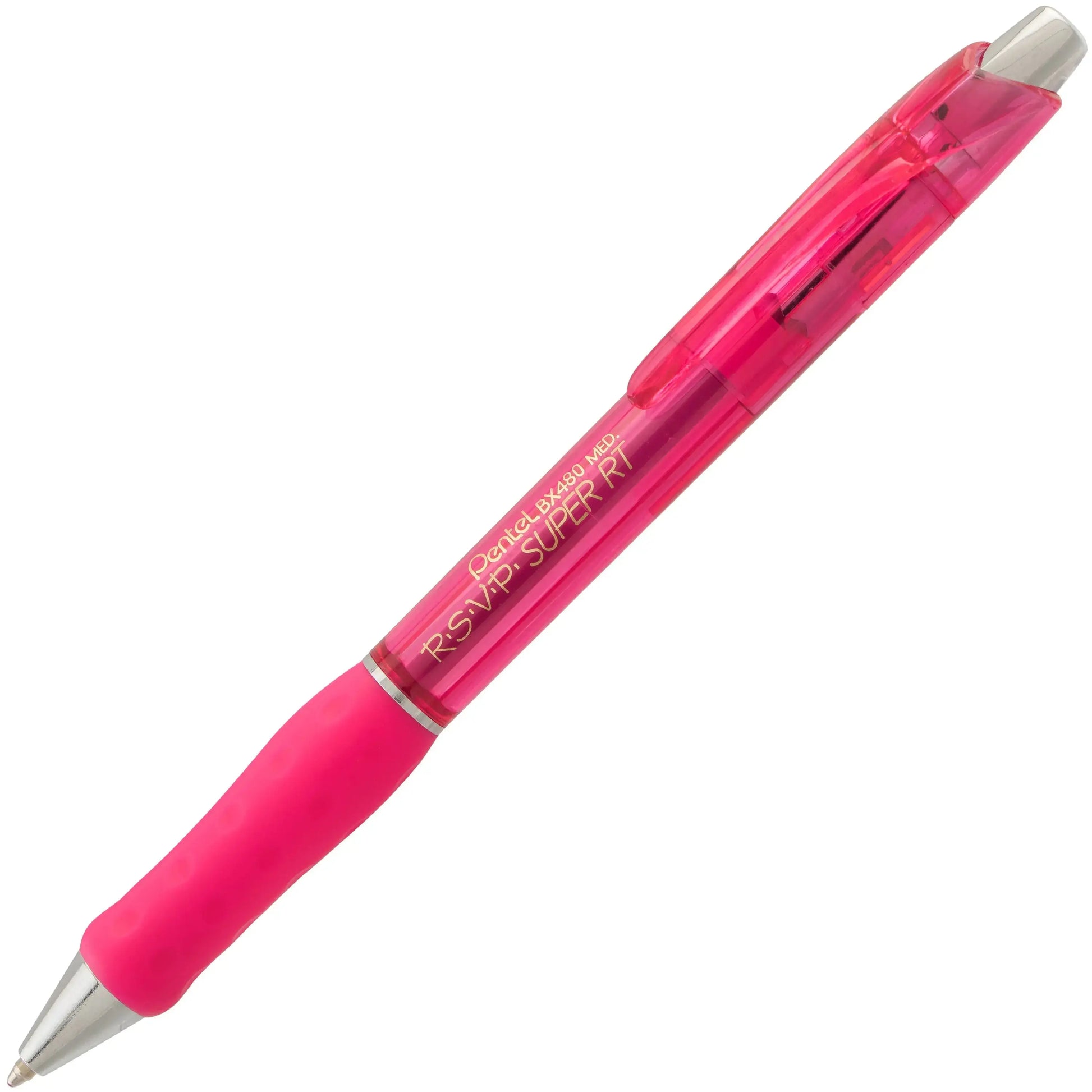 Pink translucent ballpoint pen with a comfortable grip, designed for smooth writing and durability, part of a premium collection of writing tools.