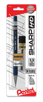 Packaging of a dark blue mechanical pencil with 1.3 mm thick lead refill, highlighting smooth, darker marks and durability on multiple surfaces for premium writing and drawing.