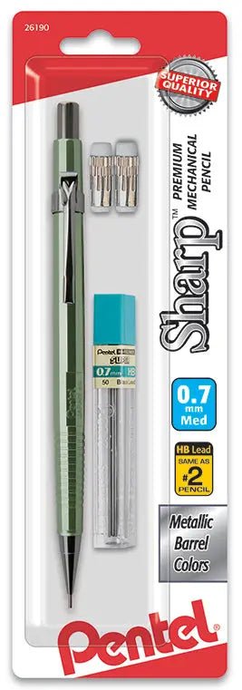 Pentel Sharp Mechanical Pencil (0.7mm) Metallic Barrels, Assorted Barrel Colors, with Lead and 2 erasers,1-Pk - Pentel of America, Ltd.