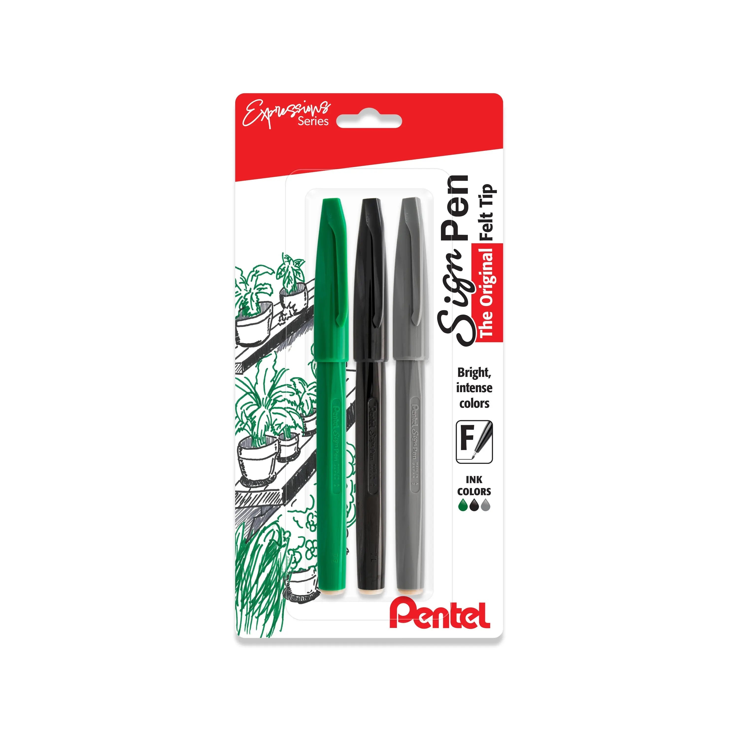 Pentel Sign Pen Fiber - Tipped, Expressions Packs (0.8mm) Assorted Ink 3 - Pks - Pentel of America, Ltd.