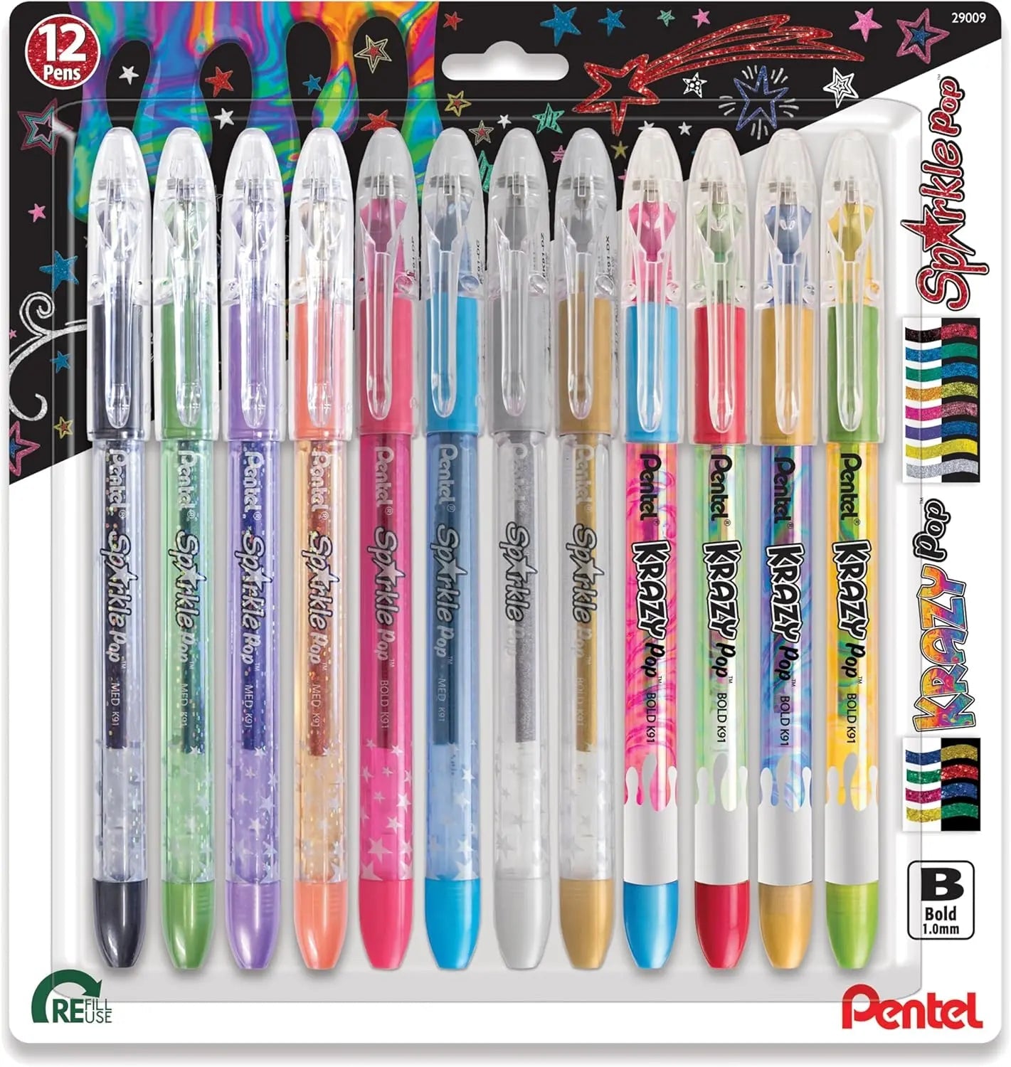 Pentel Sparkle and Krazy Pop, Metallic Gel Ink Pen, (1.0mm), Bold Line, Assorted Ink Colors, 12 - Pk - Pentel of America, Ltd.