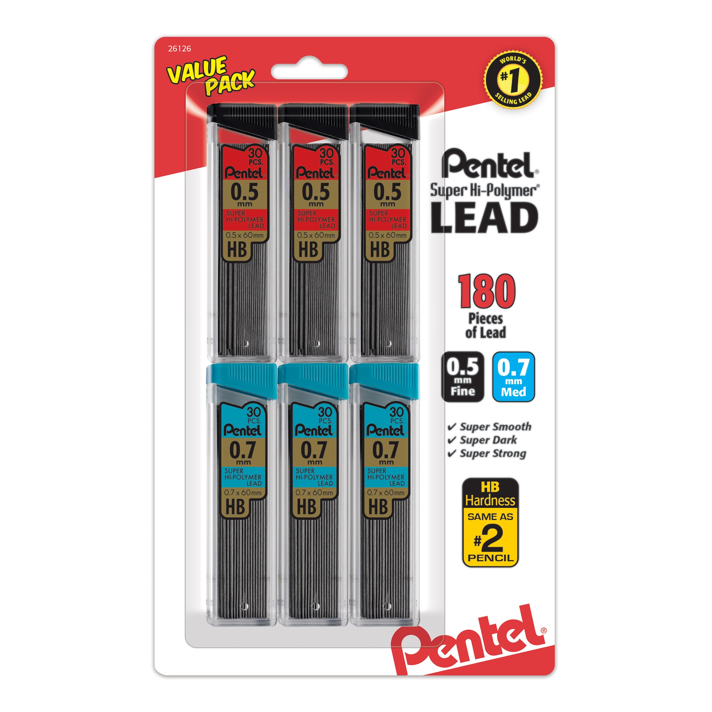 Pentel Super Hi-Polymer Lead Refill (0.5/0.7mm) Fine/Medium, HB, 30 pcs/Tube 6-Pk - Pentel of America, Ltd.