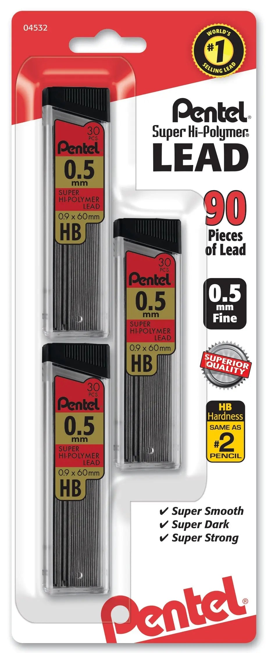 Three tubes of Pentel mechanical pencil lead refills in 0.5mm fine HB grade, featuring durable, smooth, and dark writing lead for premium writing tools.