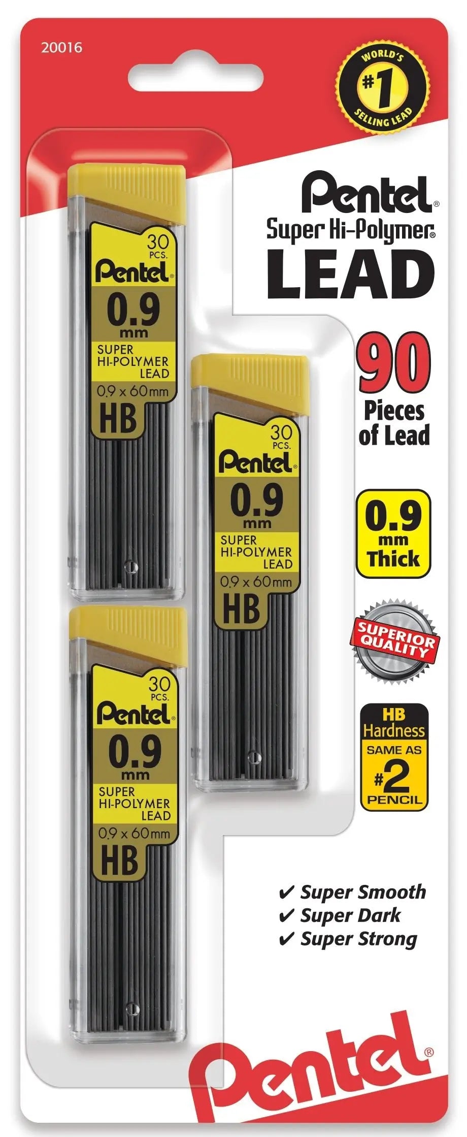 Three clear plastic tubes of 0.9mm HB Pentel Super Hi-Polymer lead refills total 90 pieces, packaged on a red and white card highlighting superb smoothness, darkness, and strength.