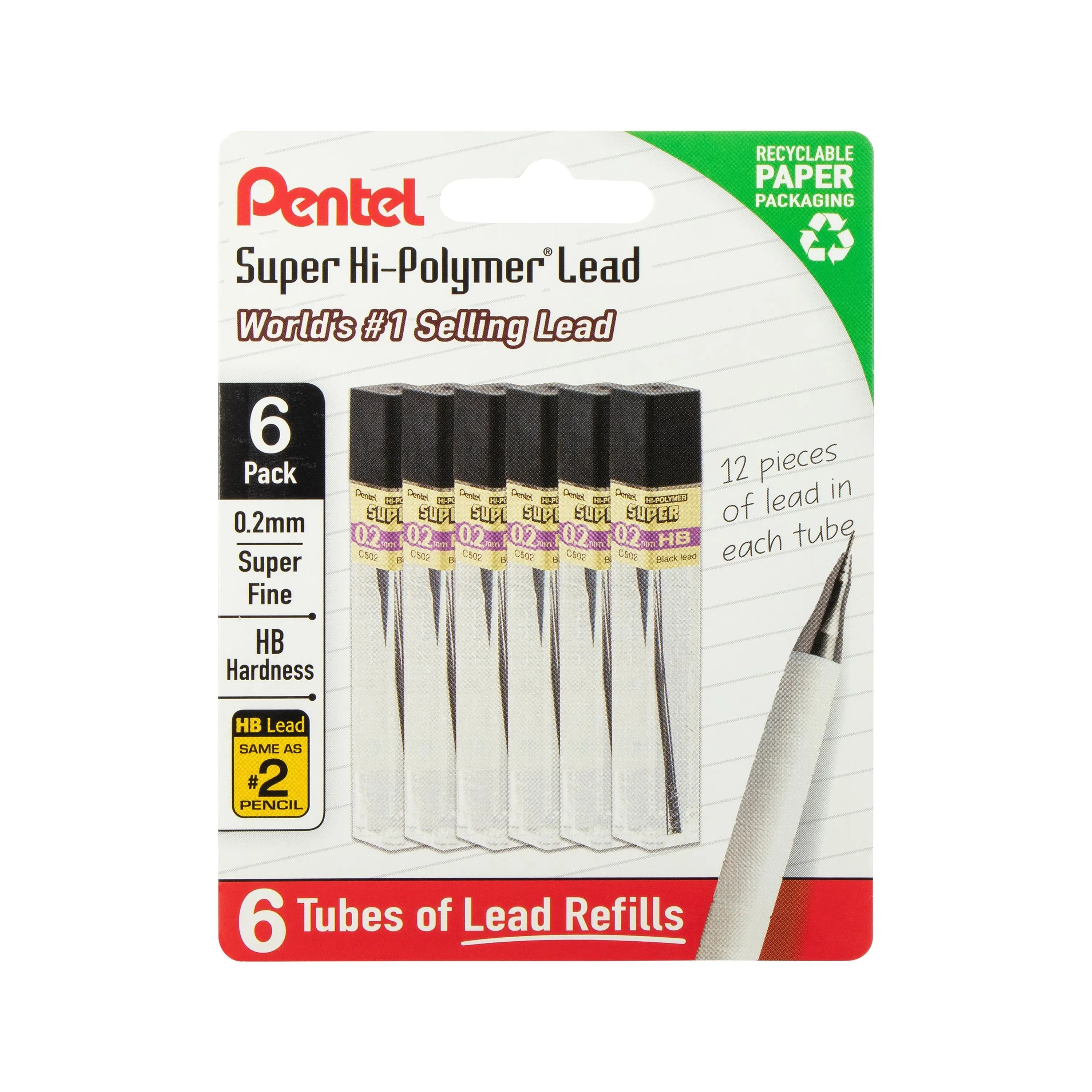 Pentel Super Hi - Polymer Lead Refills, 0.2 mm, HB, 72 Pieces (12 pcs per tube, 6 tubes) - Pentel of America, Ltd.