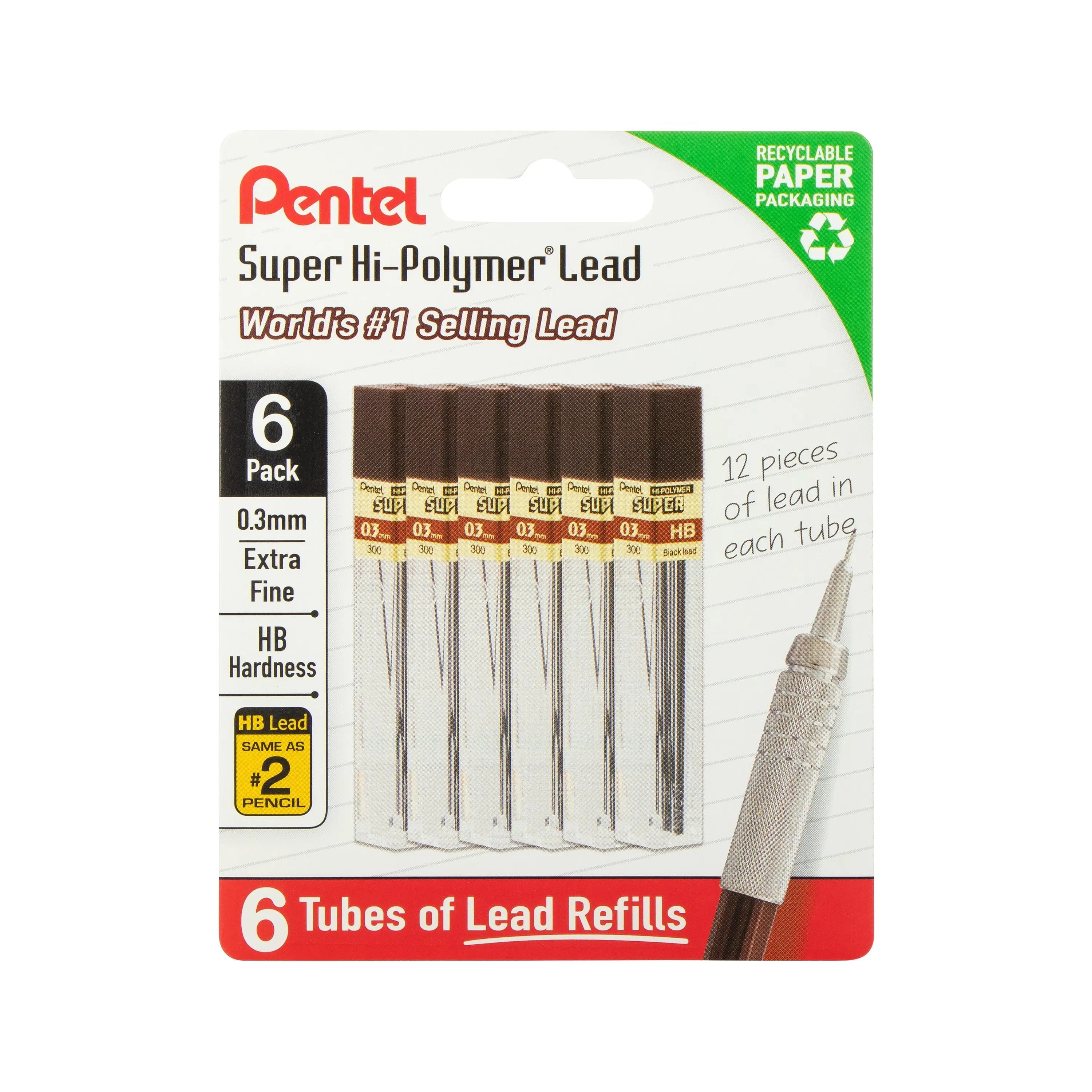 Pentel Super Hi - Polymer Lead Refills, 0.3 mm, 90 Pcs, 6 Tubes Pack - Pentel of America, Ltd.