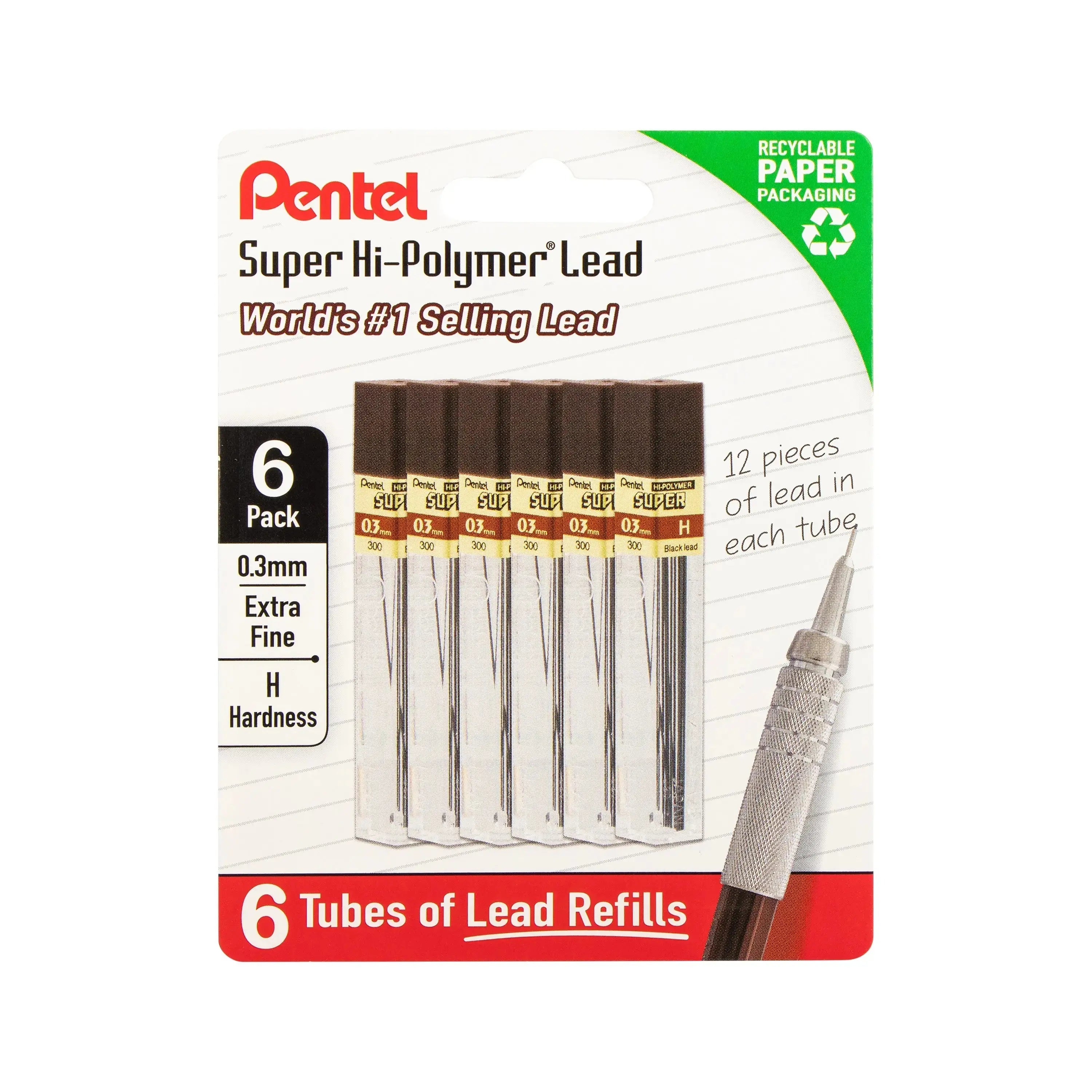 Pack of six tubes containing extra fine 0.3 mm Pentel polymer lead refills with hard lead, designed for use in mechanical pencils, with recyclable paper packaging.