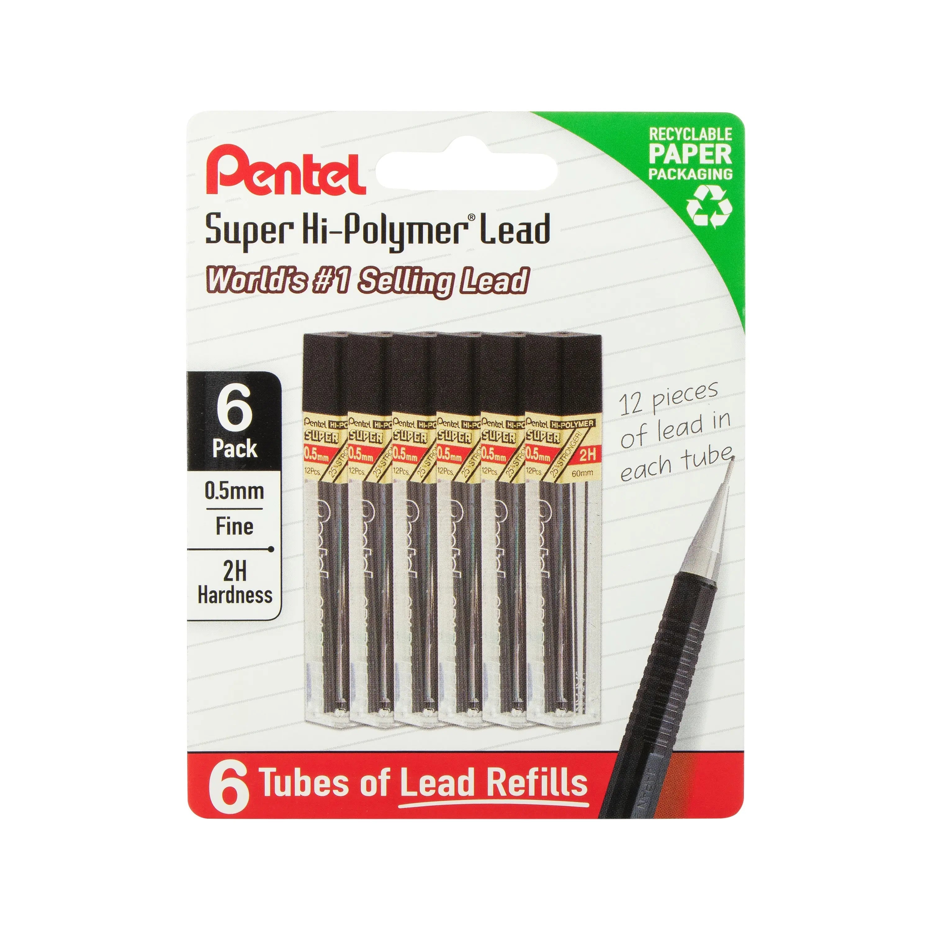 Pentel Super Hi - Polymer Lead Refills, 0.5 mm, 90 Pcs, 6 Tubes Pack - Pentel of America, Ltd.
