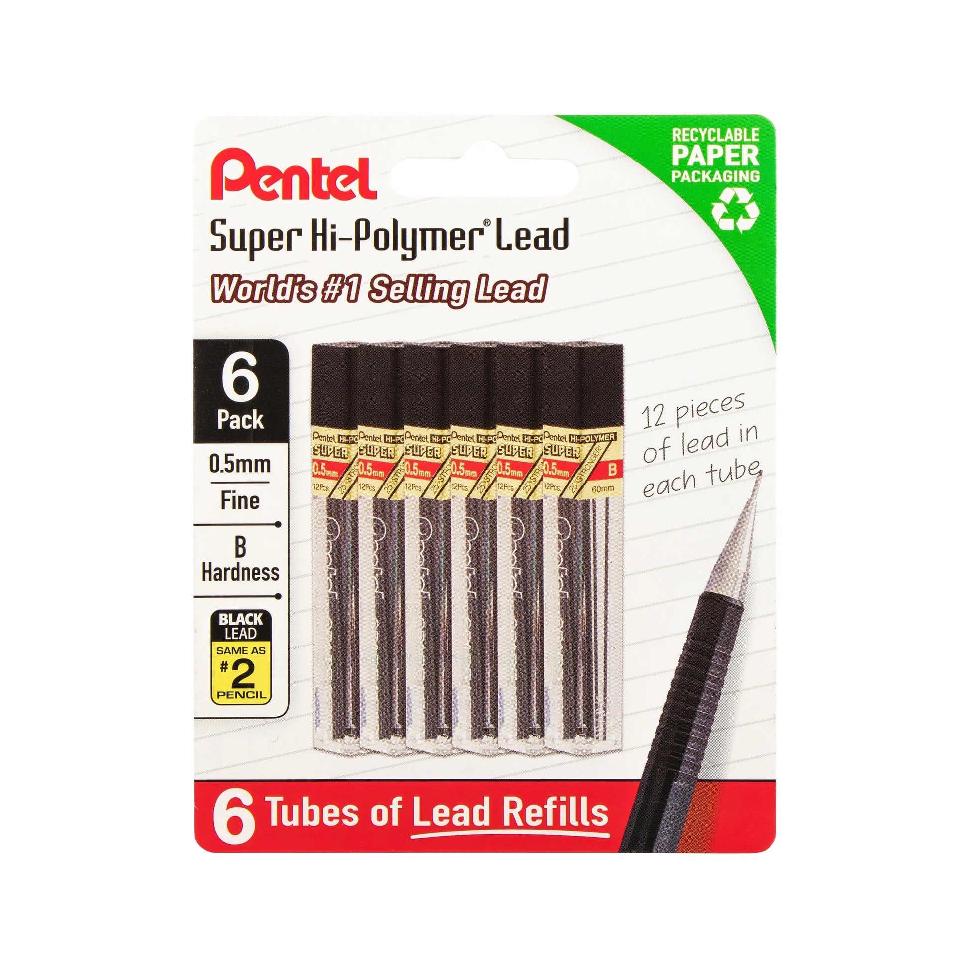Pentel Super Hi - Polymer Lead Refills, 0.5 mm, 90 Pcs, 6 Tubes Pack - Pentel of America, Ltd.