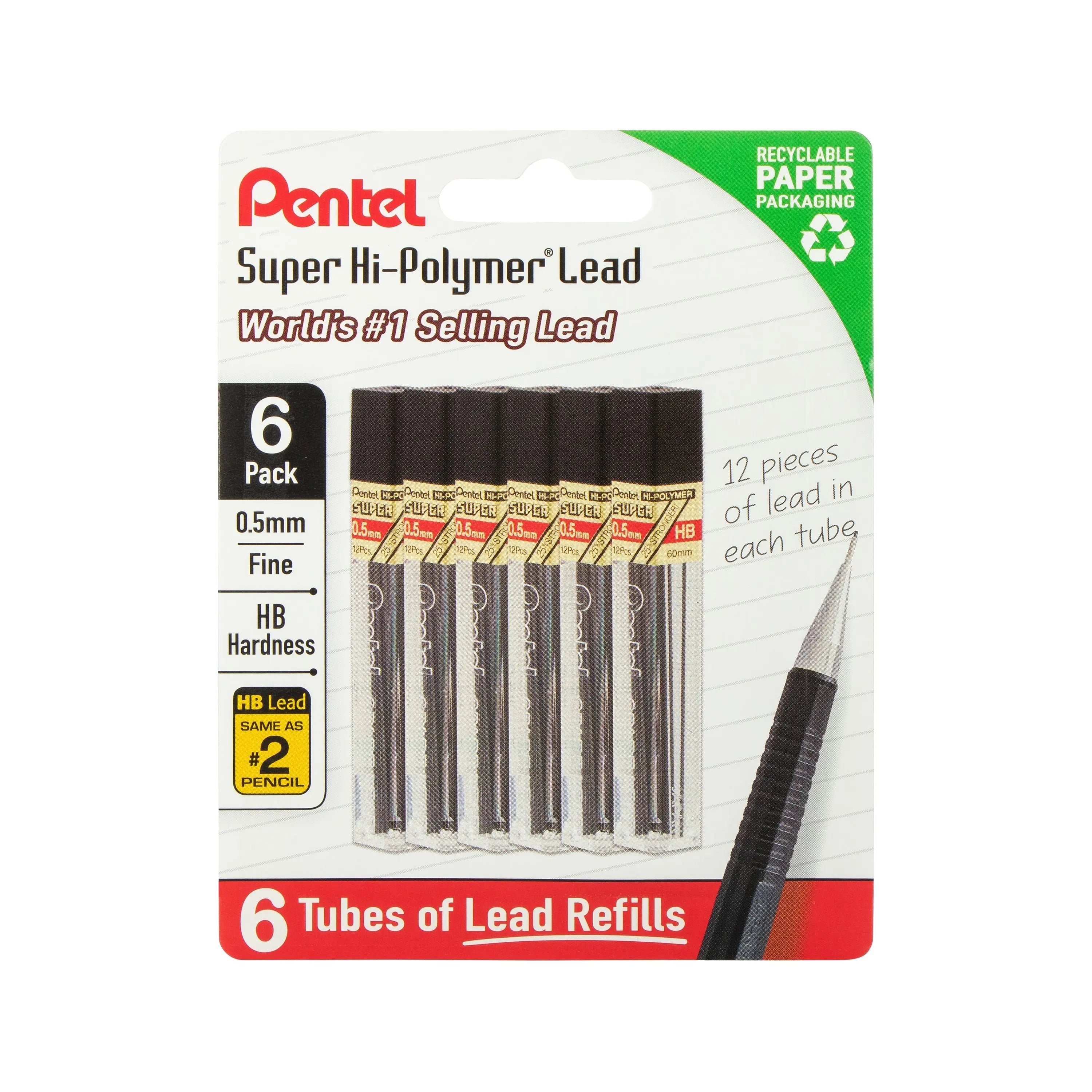Pentel Super Hi - Polymer Lead Refills, 0.5 mm, 90 Pcs, 6 Tubes Pack - Pentel of America, Ltd.
