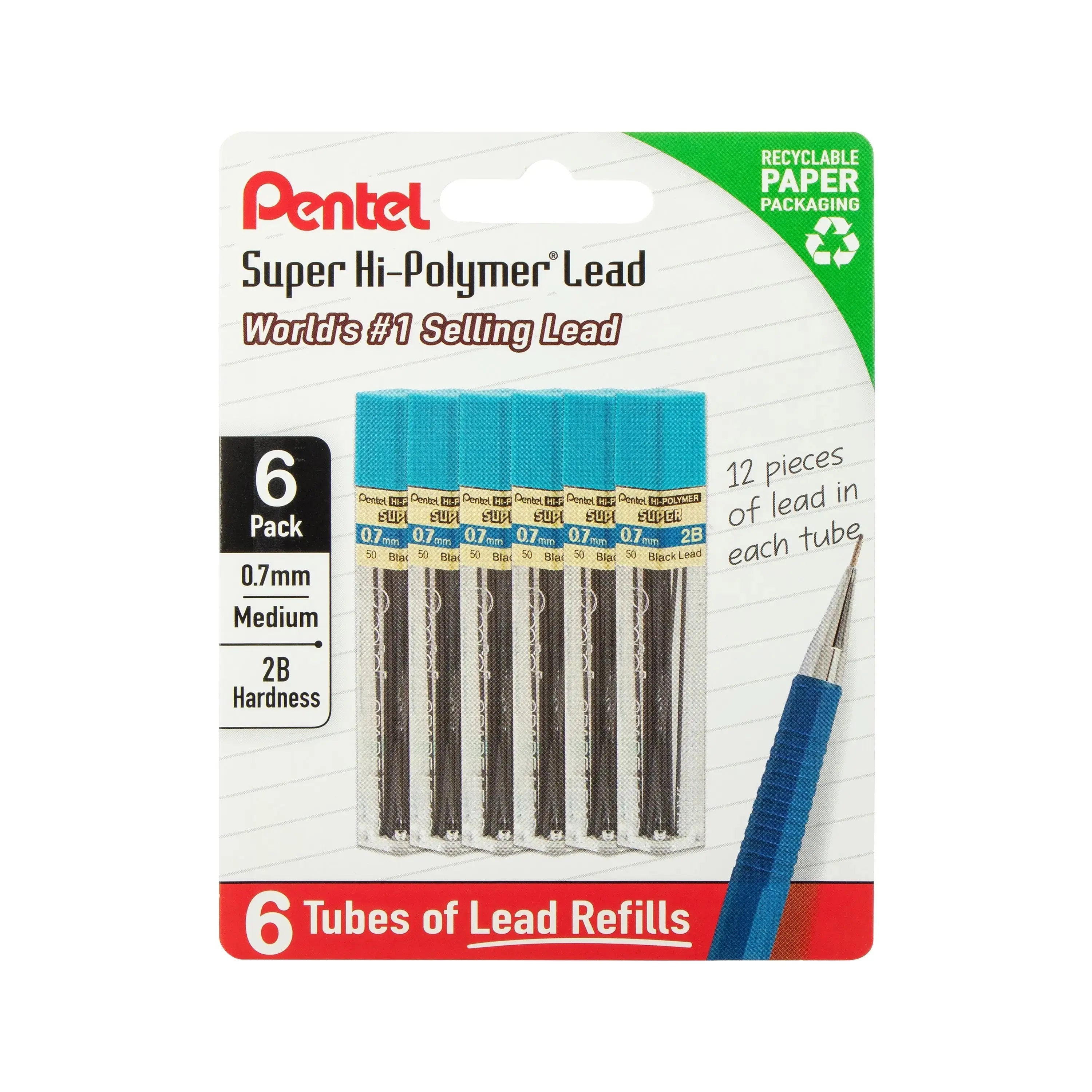 Six tubes of 0.7mm medium hardness 2B Pentel Super Hi-Polymer lead refills in recyclable paper packaging, with a mechanical pencil tip shown beside them.