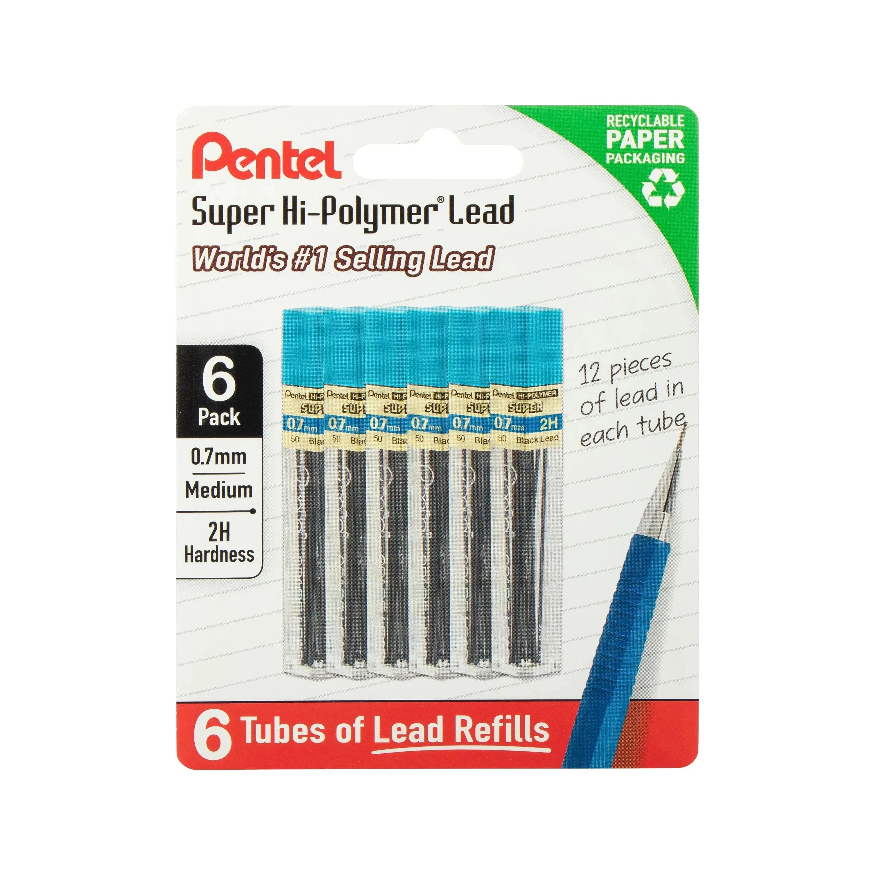 Six tubes of 0.7mm medium 2H lead refills for mechanical pencils in recyclable paper packaging with a blue mechanical pencil tip displayed alongside.