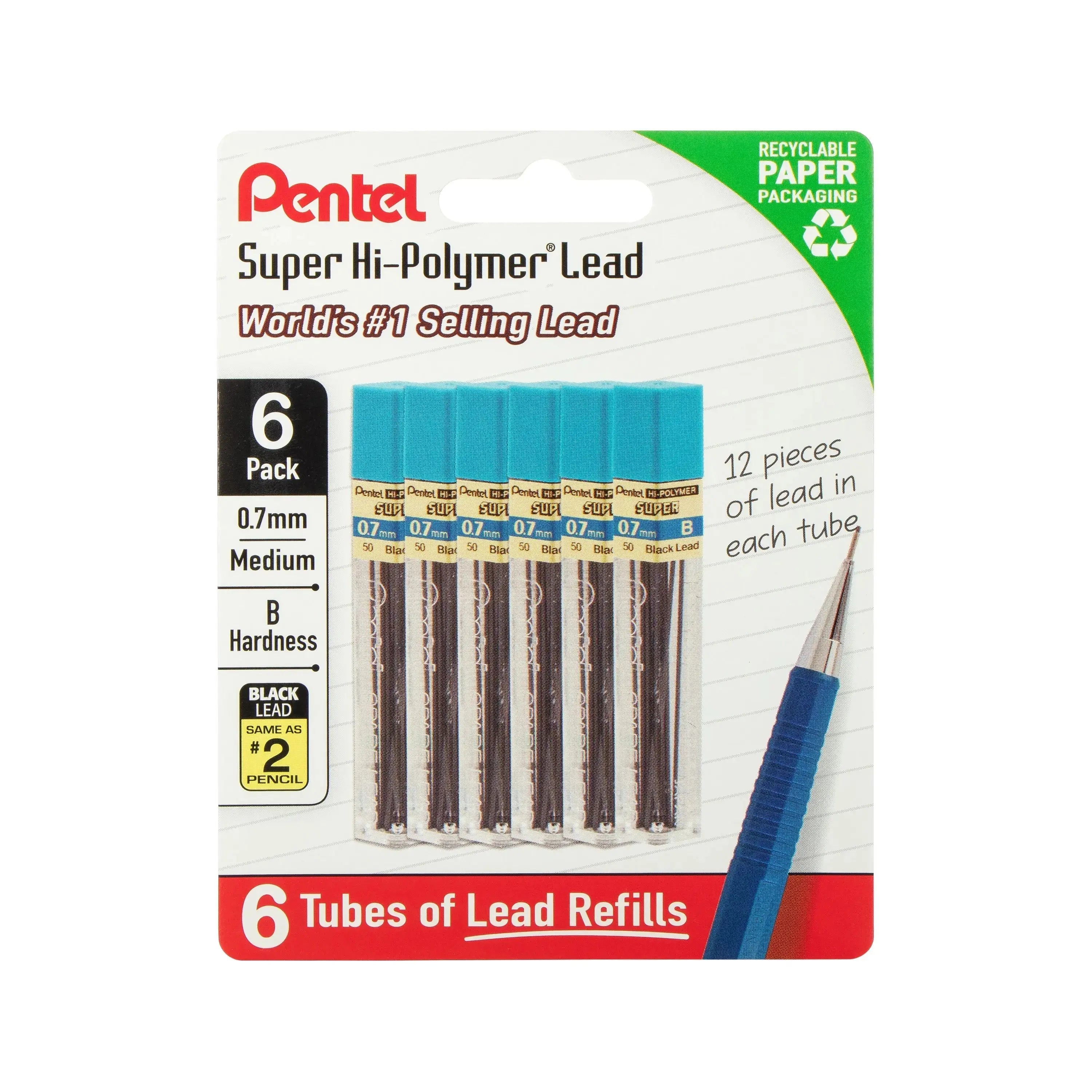 Pack of six tubes of Pentel Super Hi-Polymer 0.7mm medium hardness lead refills for mechanical pencils, featuring premium quality and recyclable paper packaging.