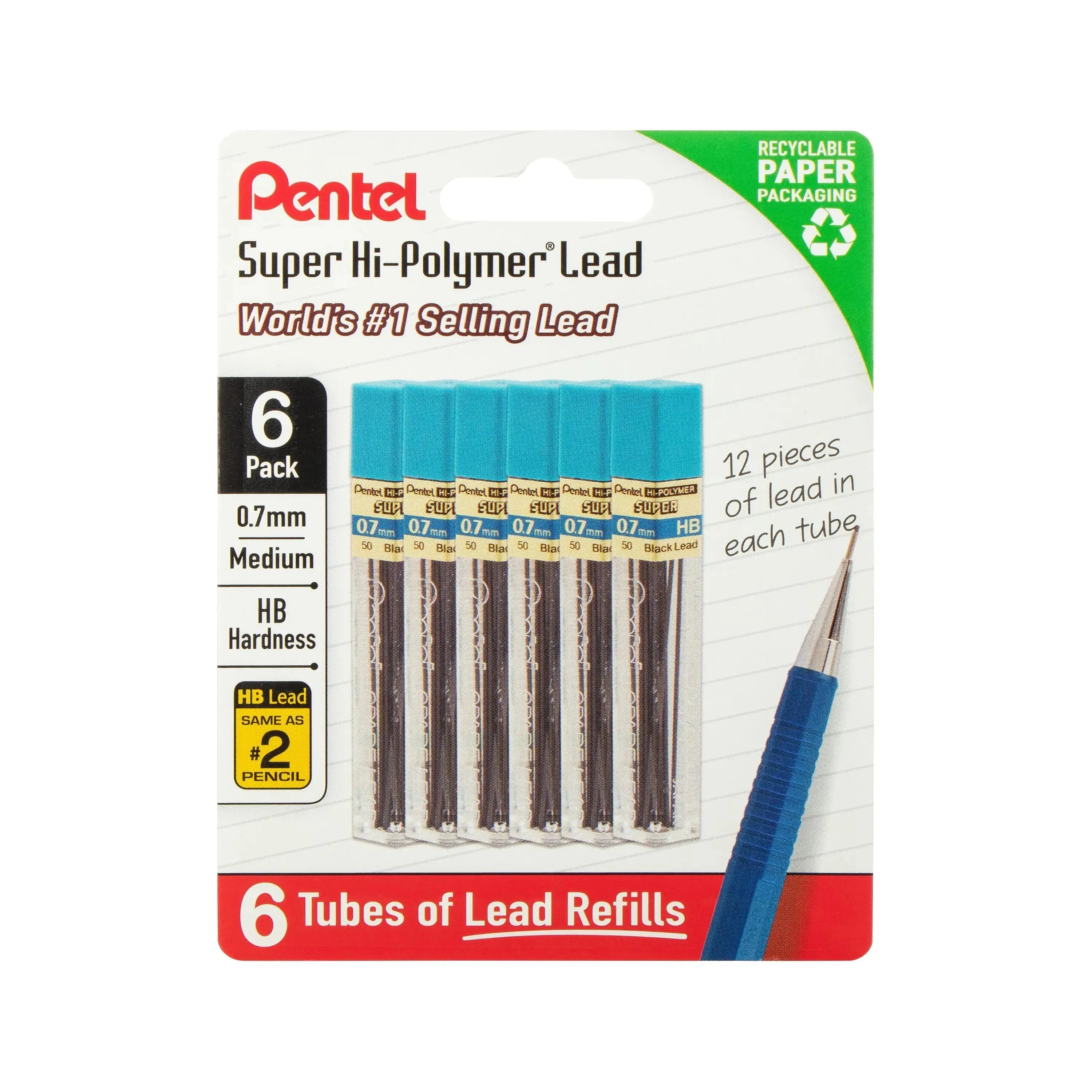 Six tubes of 0.7mm medium hardness mechanical pencil lead refills in recyclable paper packaging with a blue mechanical pencil tip shown alongside, emphasizing premium writing quality.