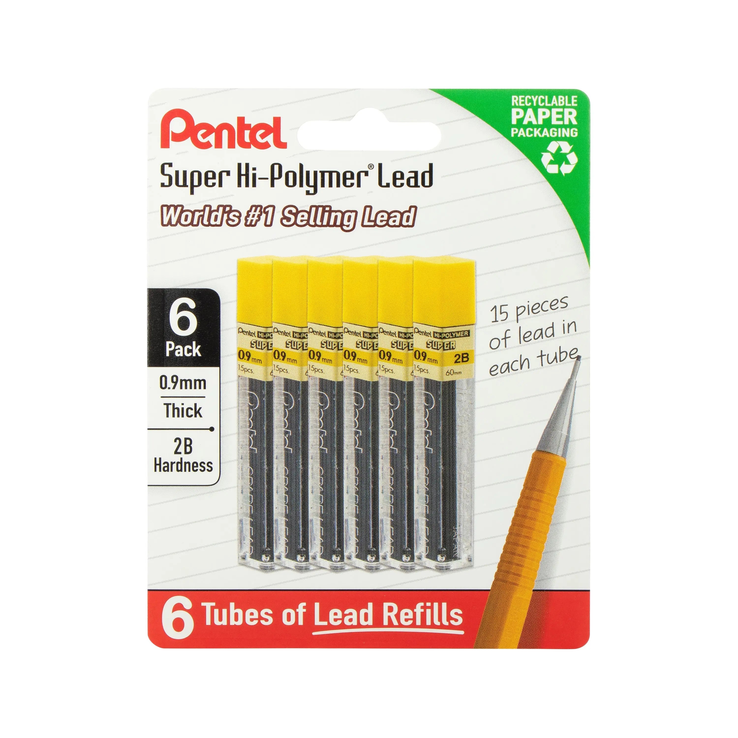 Pentel Super Hi - Polymer Lead Refills, 0.9mm, 90 Pcs, 6 Tubes Pack - Pentel of America, Ltd.