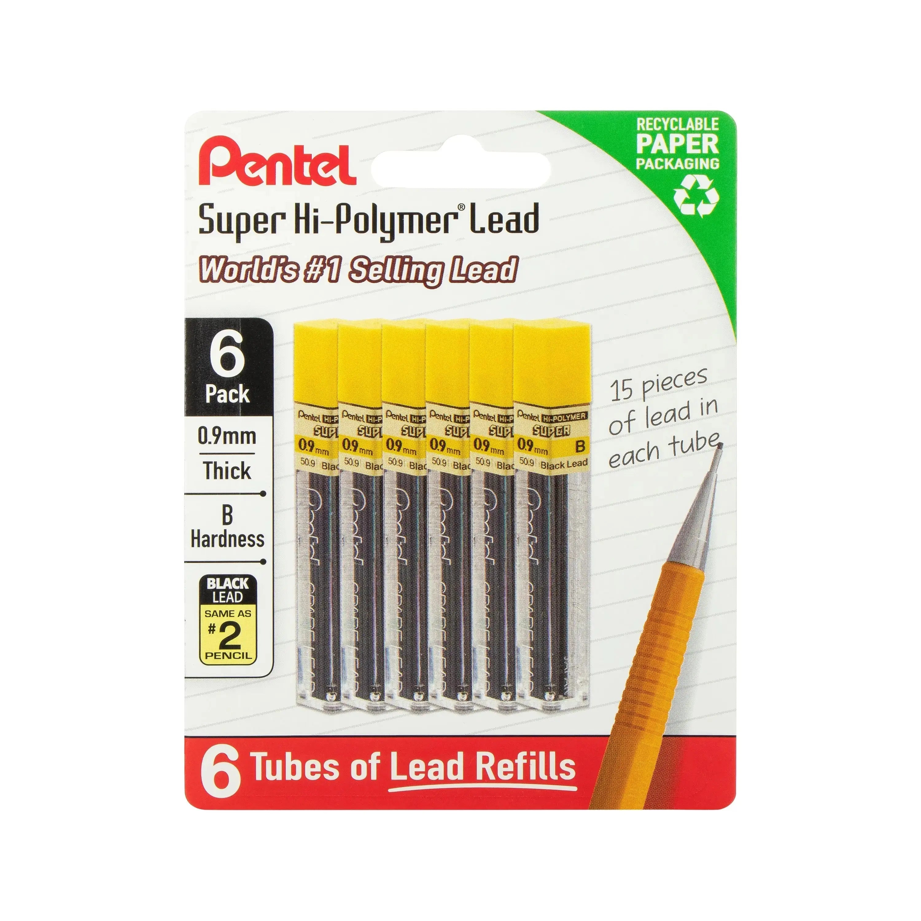 べべ Pentel Super Hi-Polymer Lead Refills, 0.9mm, 90 Pcs, 6 Tubes Pack