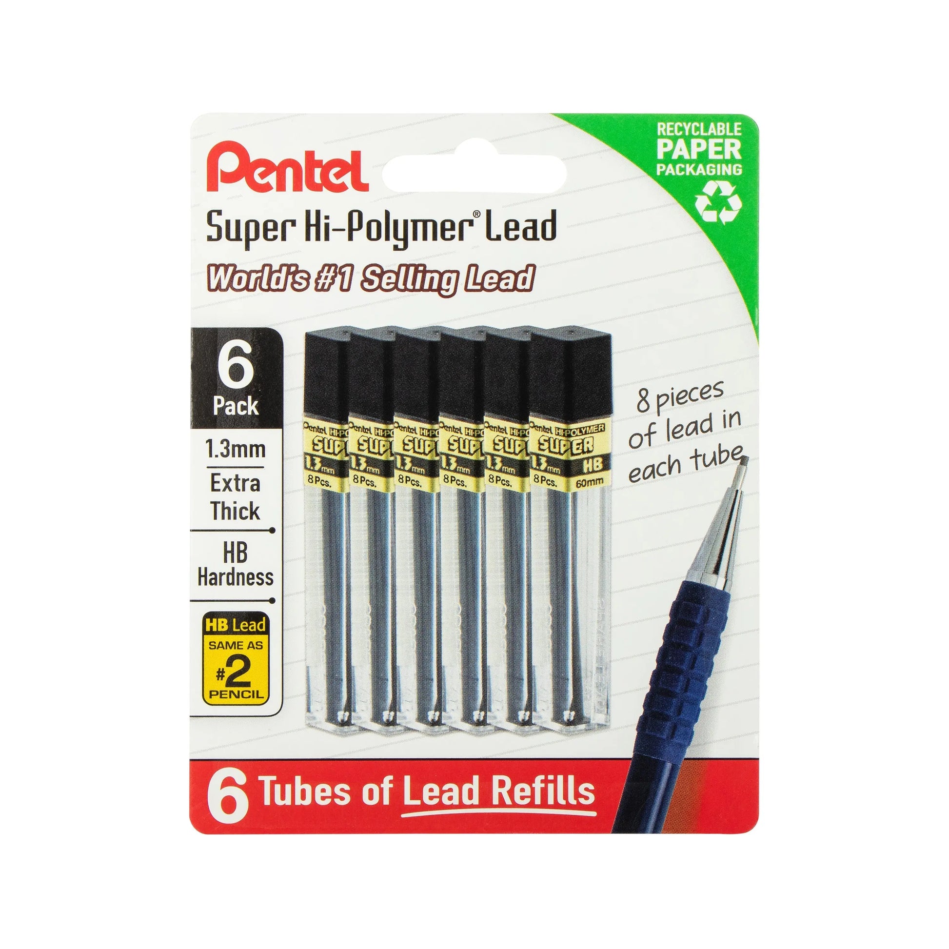Pentel Super Hi - Polymer Lead Refills, 1.3 mm, HB, 48 Pieces (8 pcs per tube, 6 tubes) - Pentel of America, Ltd.