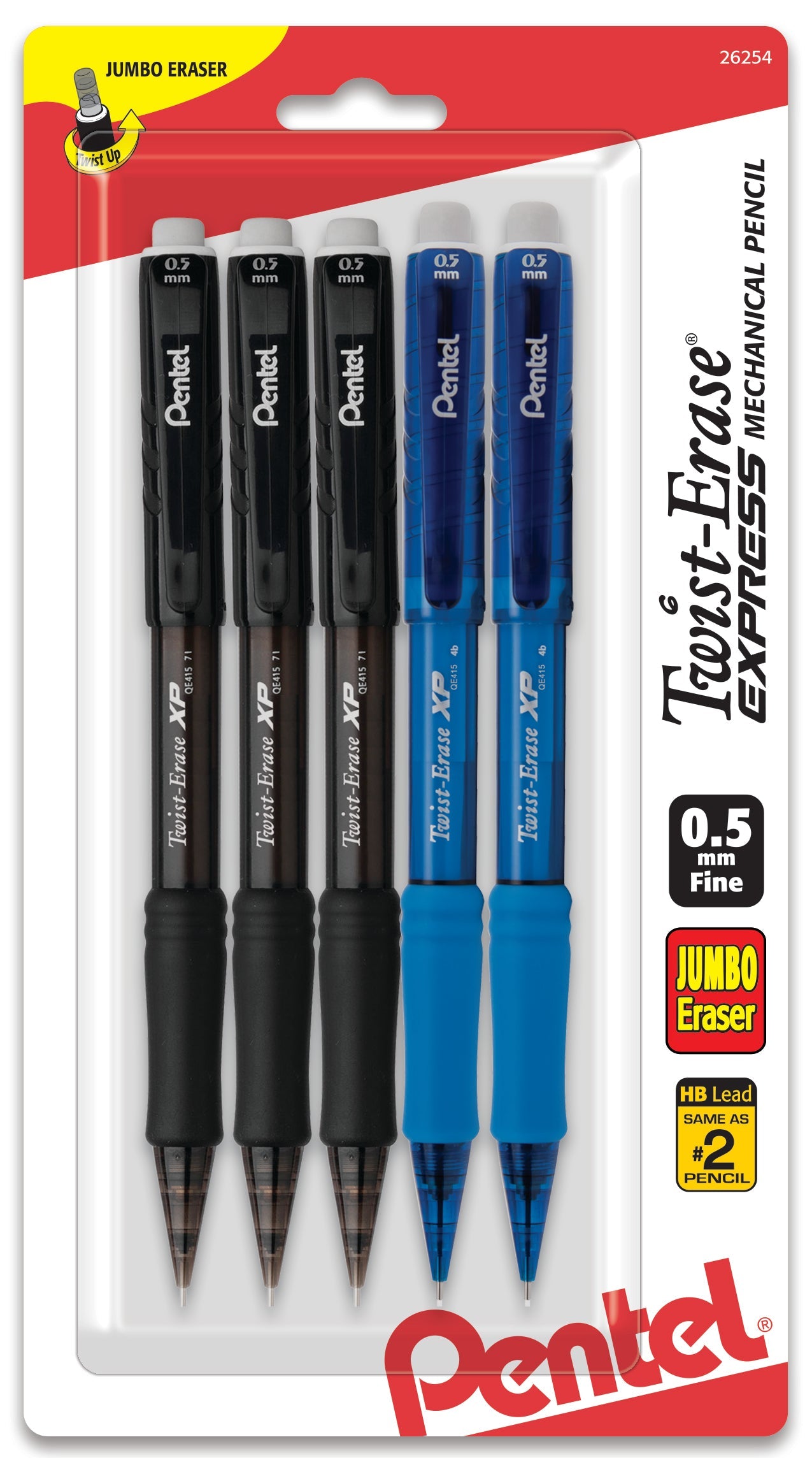 Pentel Twist-Erase EXPRESS Mechanical Pencil (0.5mm) Assorted Barrel Colors (A/C) 5-Pk - Pentel of America, Ltd.