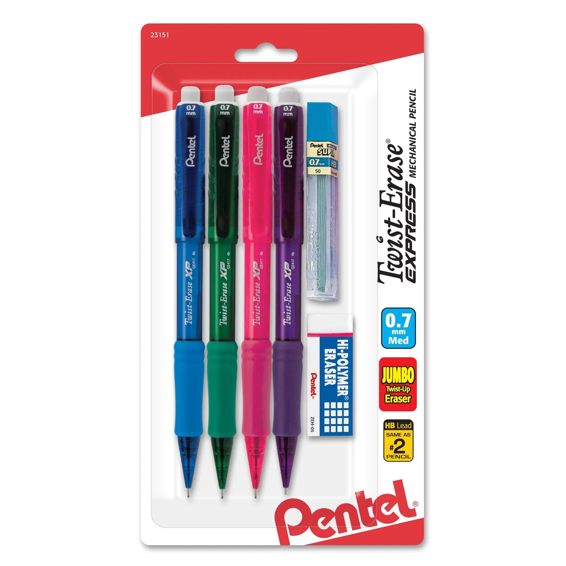 Set of four Pentel mechanical pencils with assorted colored barrels, accompanied by a small block eraser and lead refill, designed for smooth writing and precise erasing.
