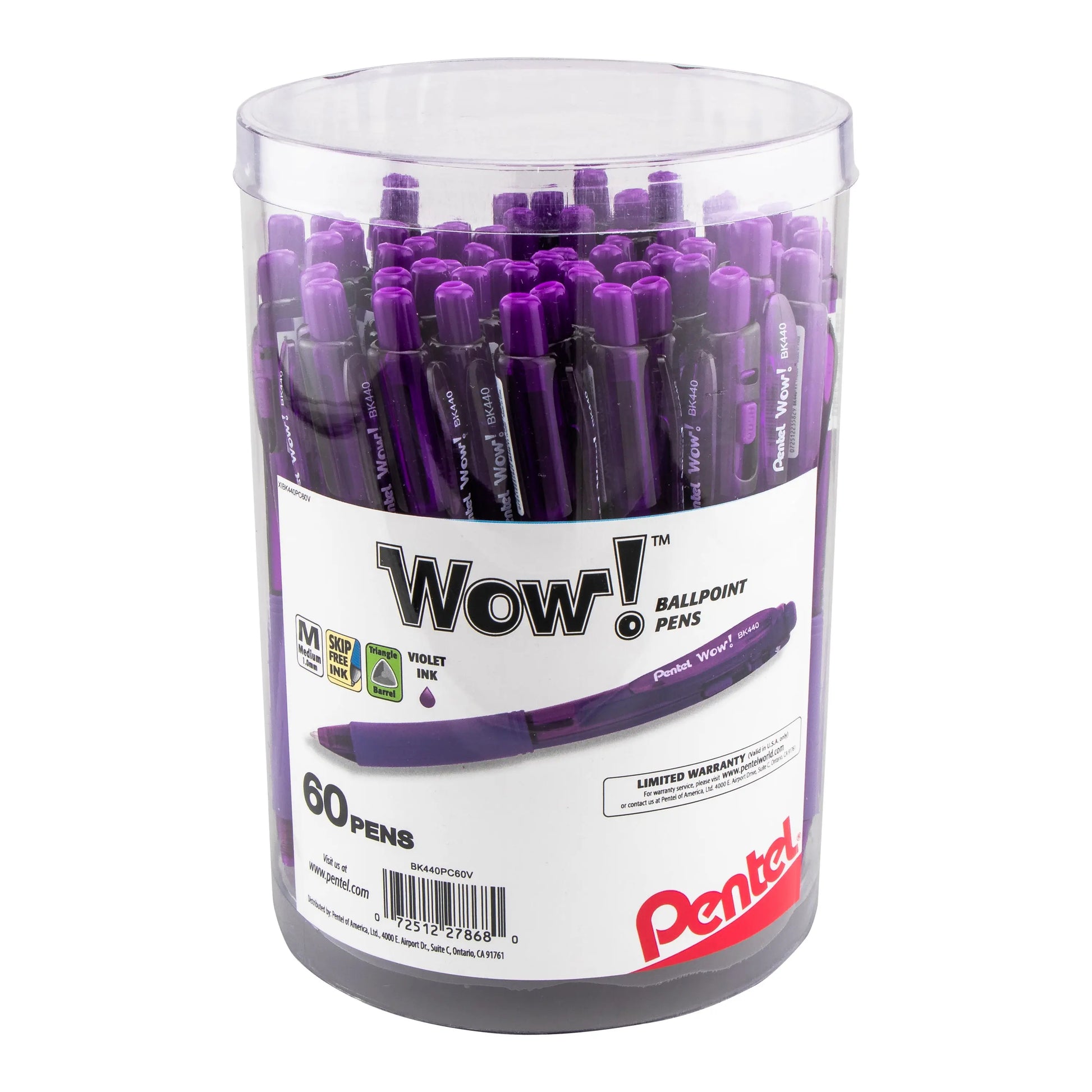 Pentel WOW! Ballpoint Pen, (1.0mm) Med. line, Violet Ink, 60 pcs Canister - Pentel of America, Ltd.