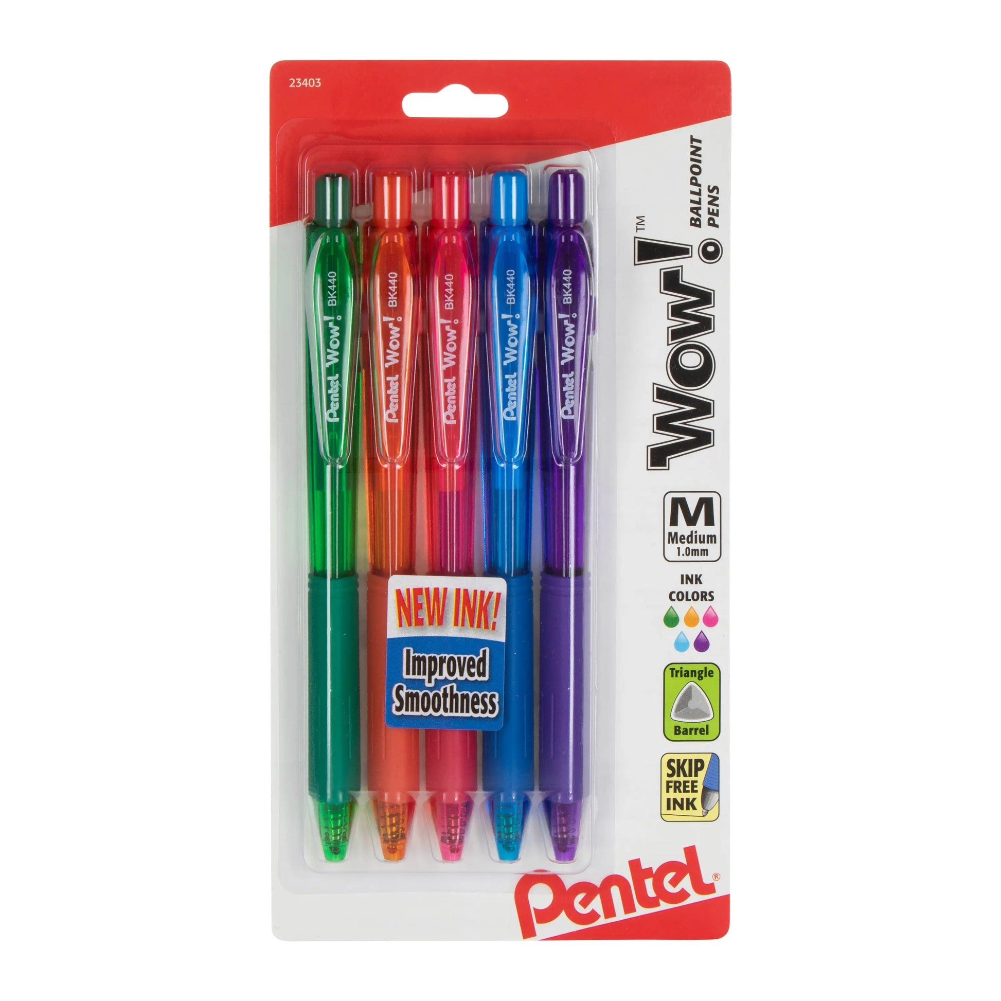 Pentel Wow! Retractable Ballpoint Pen, 1.0mm Medium Line, Assorted Colors, 5-Pk - Pentel of America, Ltd.