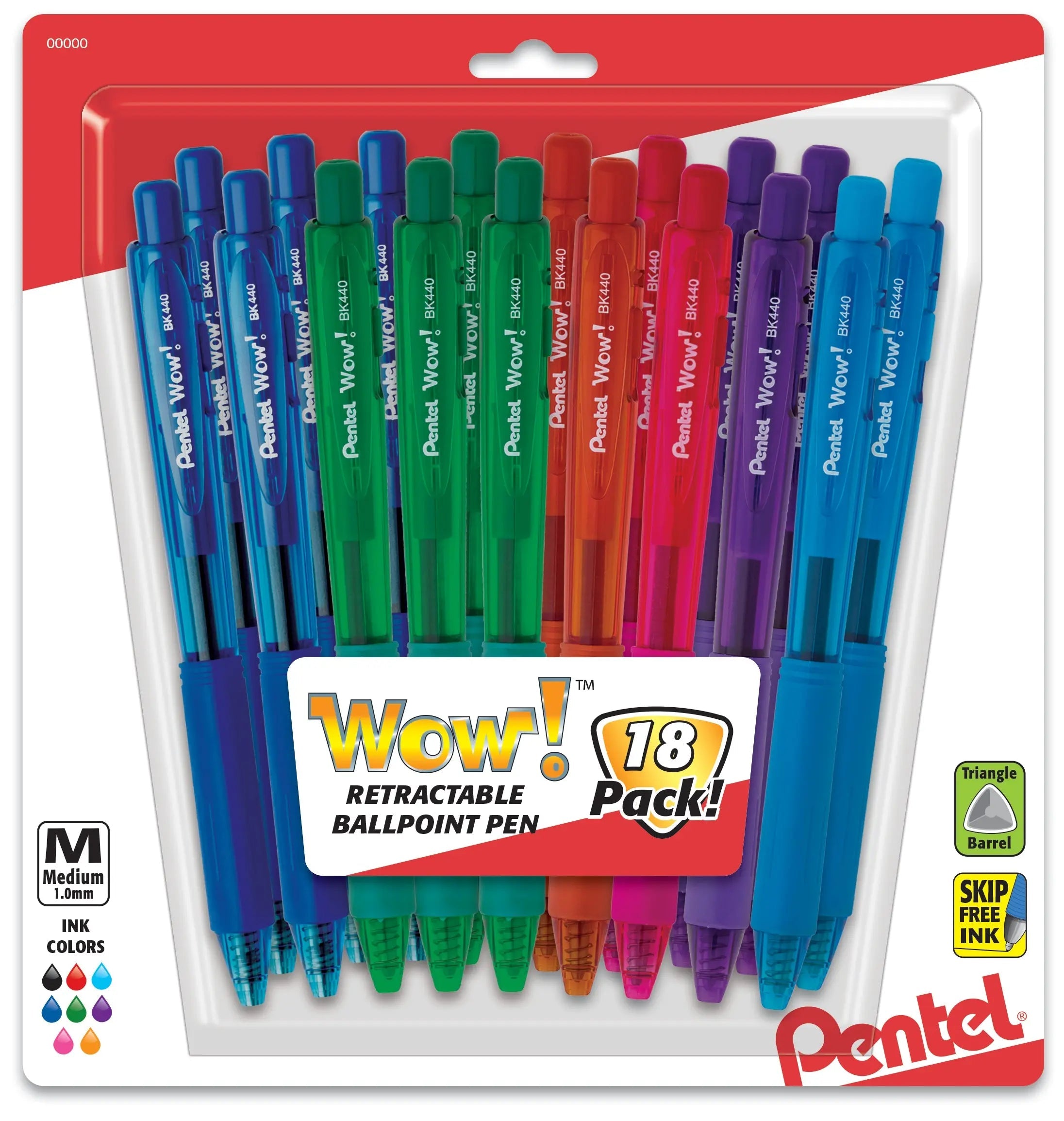 Pentel Wow! Retractable Ballpoint Pen, (1.0mm) Medium Line, NEW Ink, Assorted Colors 18-Pk - Pentel of America, Ltd.