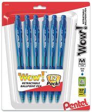 Set of twelve Pentel Wow retractable ballpoint pens with medium 1.0mm blue ink tips, featuring triangle barrels for comfortable grip and skip-free ink flow.