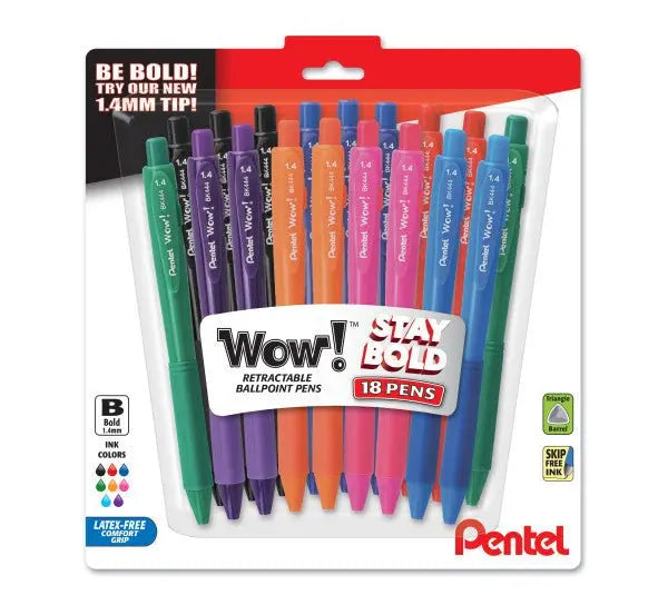 Pentel Wow! Retractable Ballpoint Pen, (1.4mm), Bold Line, Assorted Ink Colors, Pack of 18 (BK444BP18M) - Pentel of America, Ltd.