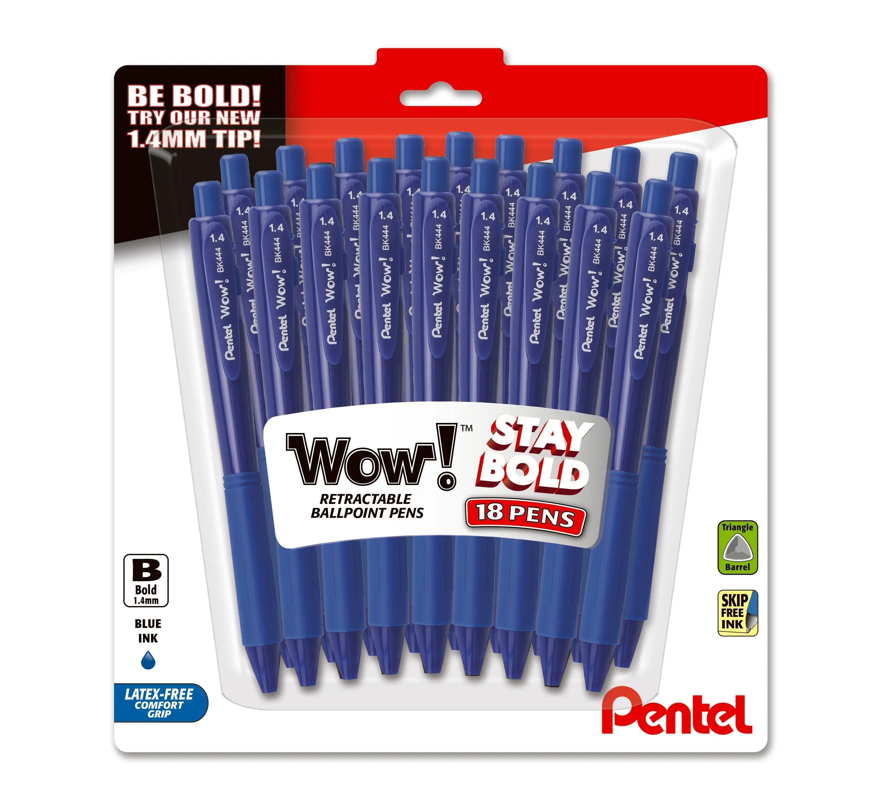 Pentel Wow! Retractable Ballpoint Pen, (1.4mm), Bold Line, Blue Ink, Pack of 18 (BK444BP18C) - Pentel of America, Ltd.
