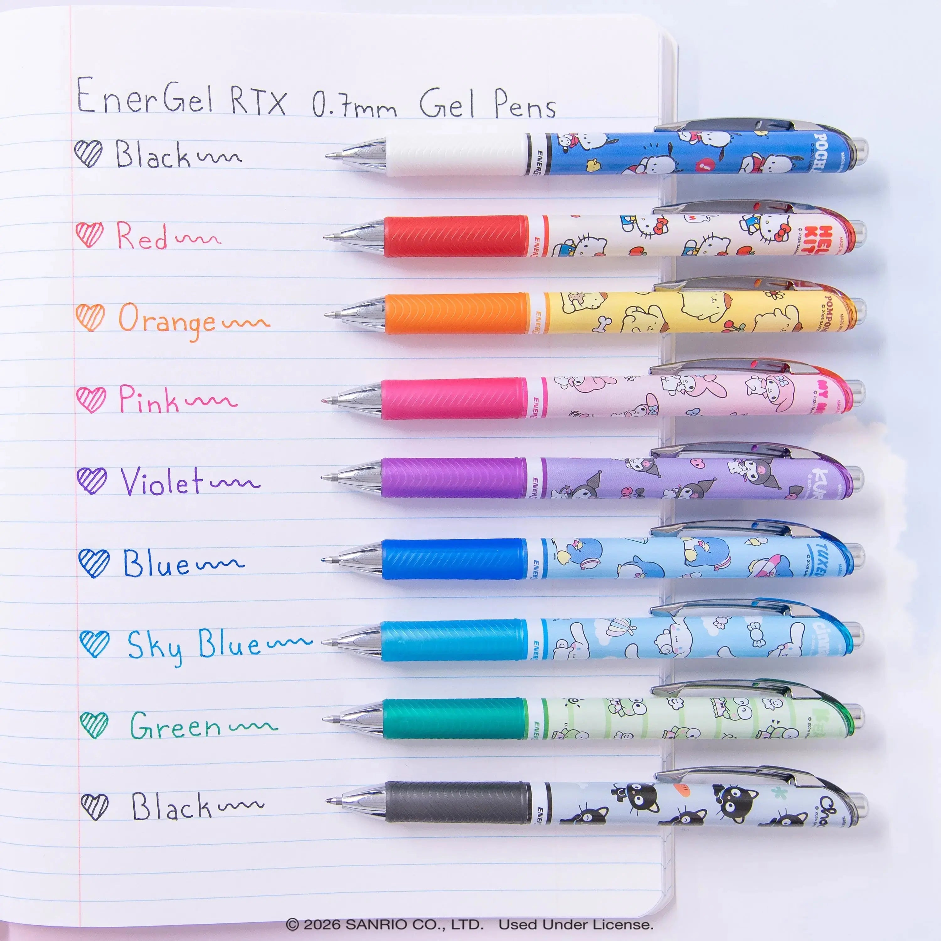 Pentel Writing Essentials Pack, Hello Kitty® and Friends, Limited Edition, EnerGel, EnerGize, 0.7mm, W/Refill Lead and Small Block Erasers, 10-Pk - Pentel of America, Ltd.
