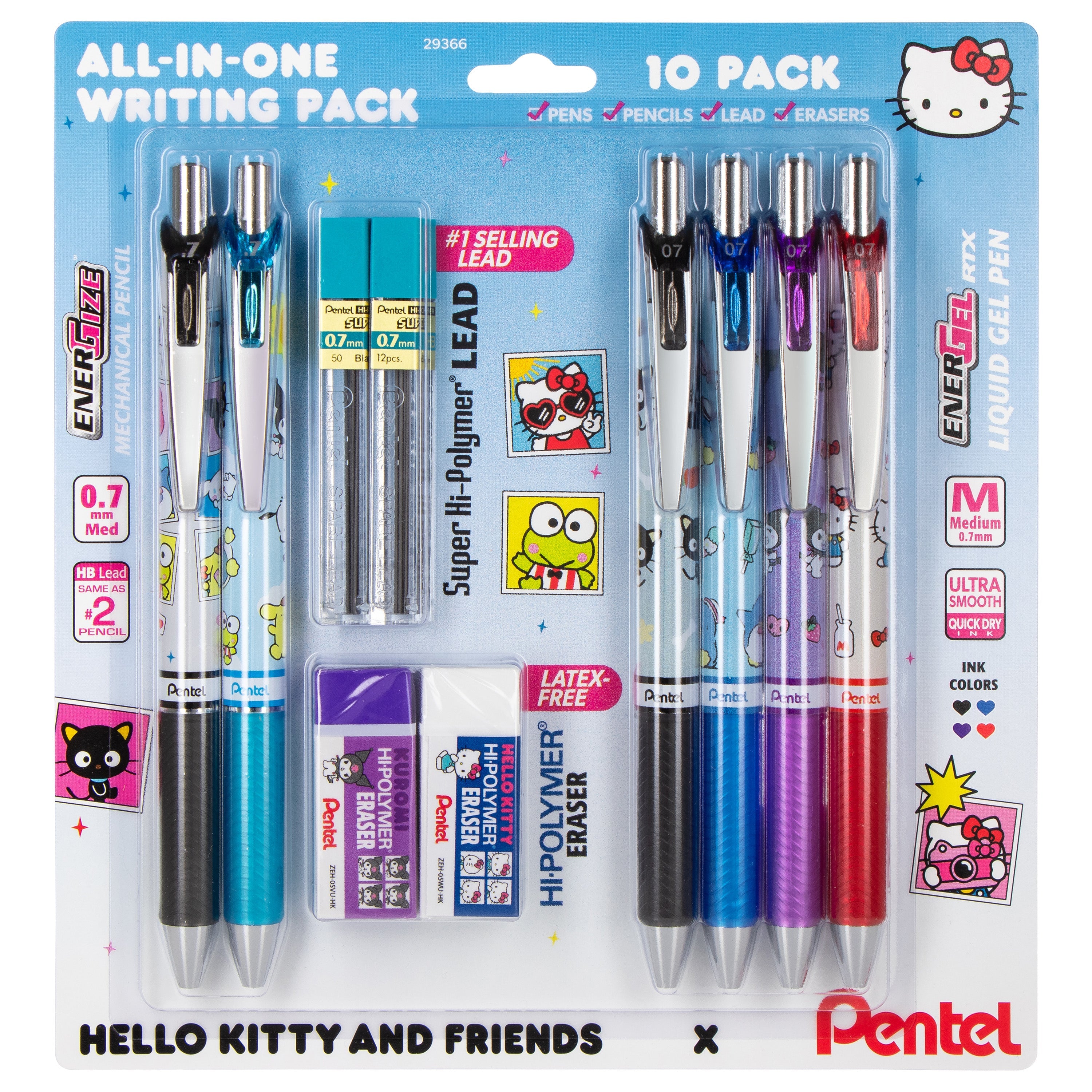 Pentel Writing Essentials Pack, Hello Kitty® and Friends, Limited Edition, EnerGel, EnerGize, 0.7mm, W/Refill Lead and Small Block Erasers, 10-Pk - Pentel of America, Ltd.