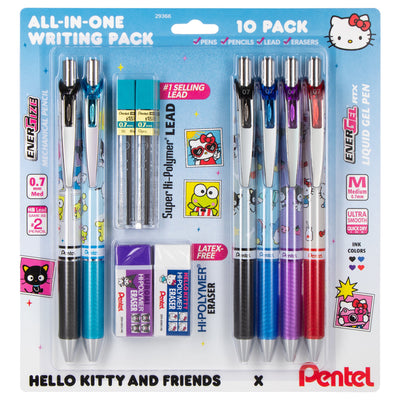 Pentel Writing Essentials Pack, Hello Kitty® and Friends, Limited Edition, EnerGel, EnerGize, 0.7mm, W/Refill Lead and Small Block Erasers, 10-Pk