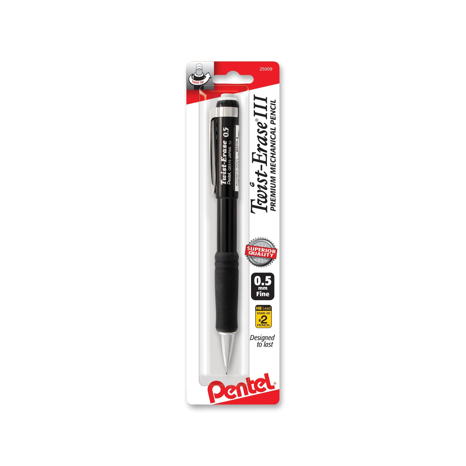 Black Pentel Twist-Erase III mechanical pencil with 0.5mm lead size in retail packaging, featuring a comfortable grip and large eraser for easy corrections.