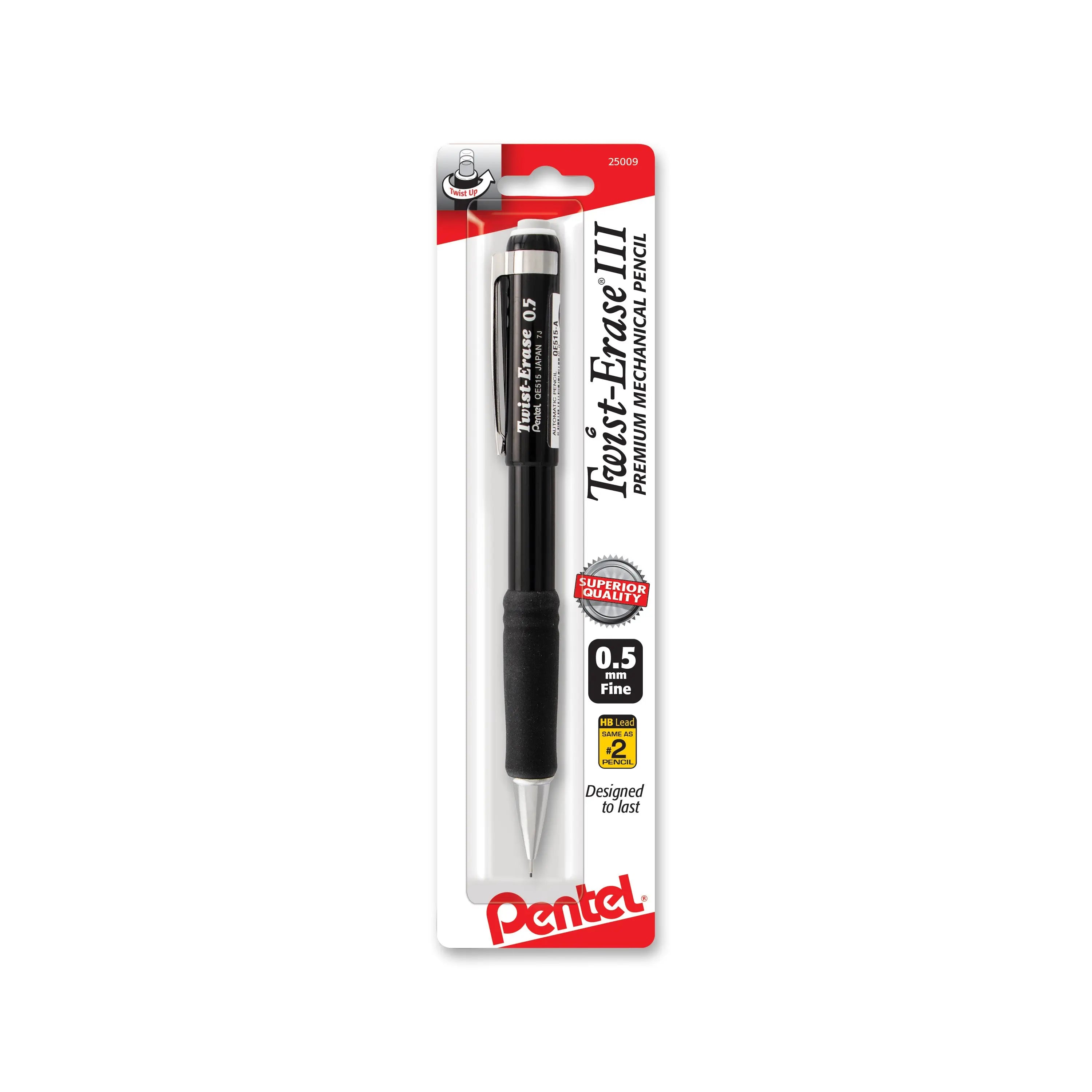 Black Pentel Twist-Erase III mechanical pencil with 0.5mm lead size in retail packaging, featuring a comfortable grip and large eraser for easy corrections.
