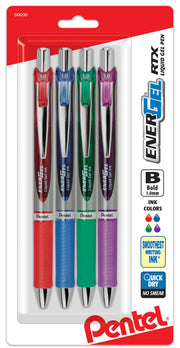 Set of four retractable liquid gel pens with metal tips in red, blue, green, and purple, designed for smooth, bold, quick-drying writing with no smearing.