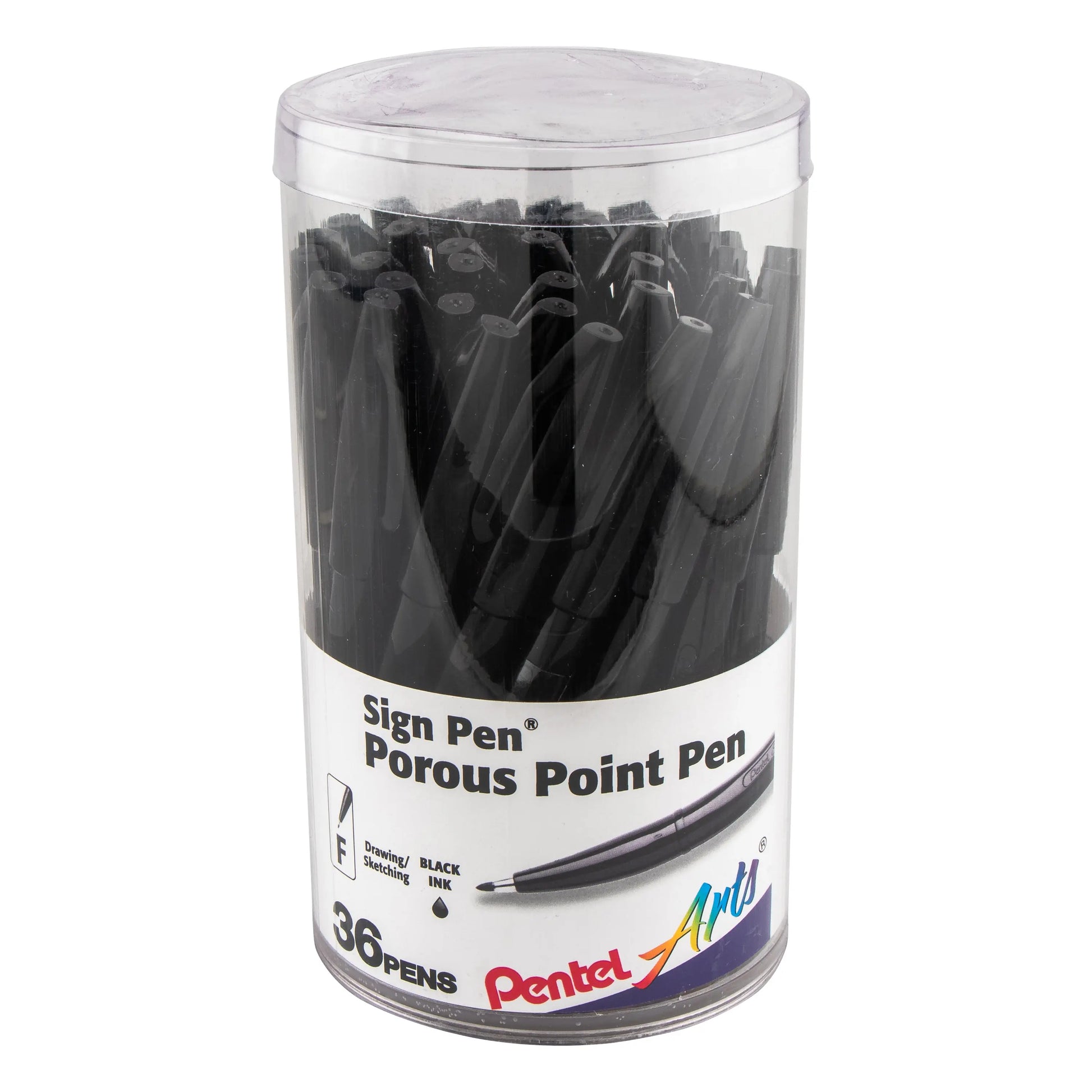 Clear canister filled with 36 black fiber-tipped pens designed for precise art and writing, featuring porous fine points for smooth ink flow and lasting performance.