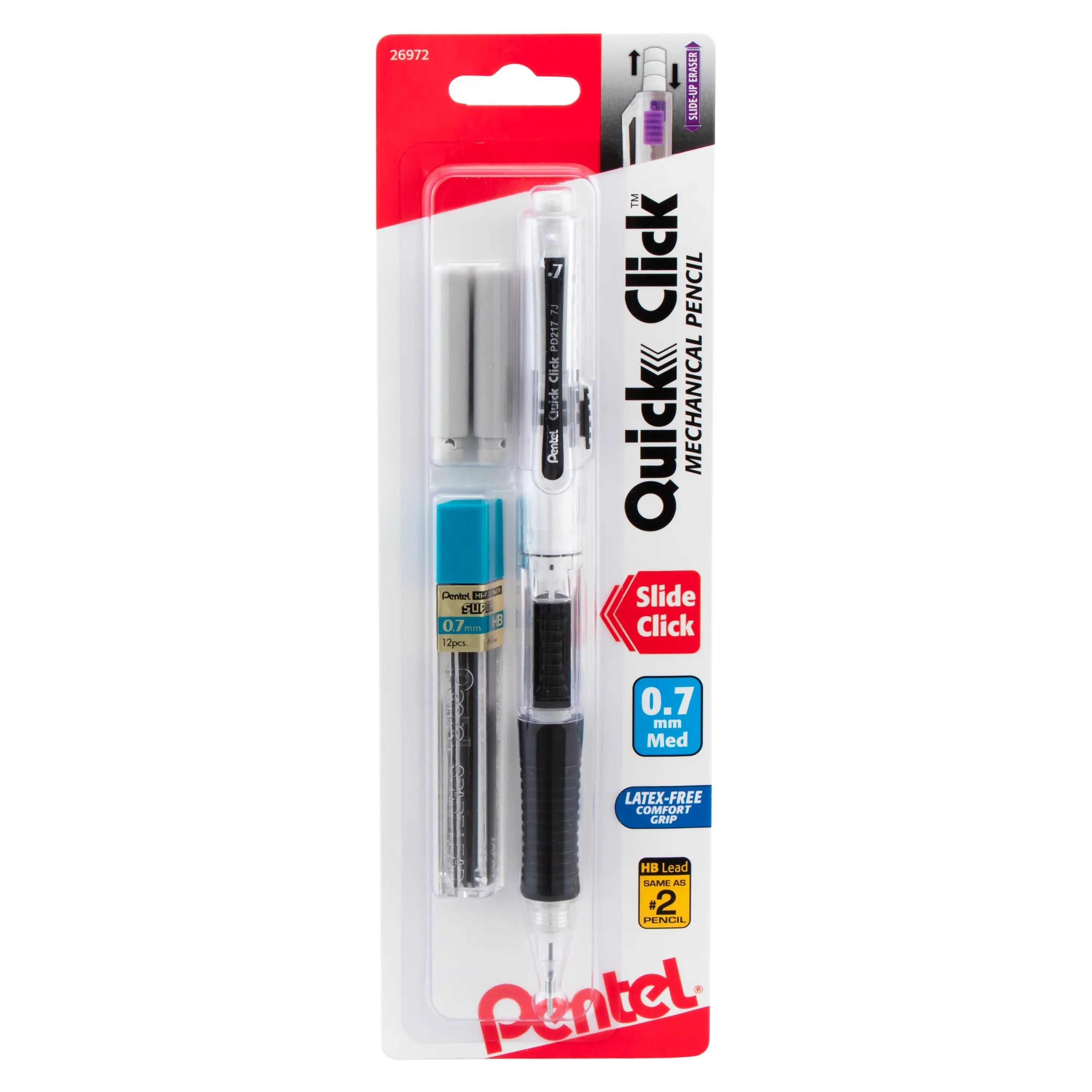 Pentel mechanical pencil with 0.7mm lead, two eraser refills, and extra lead, featuring a retractable tip and comfortable grip for precise writing and drawing.