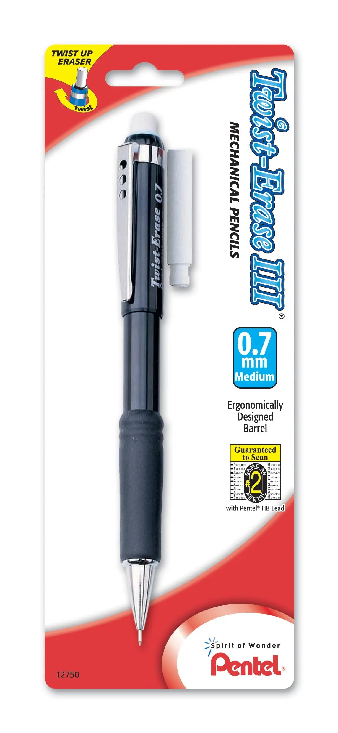 Black mechanical pencil with ergonomic grip and twist-up eraser, featuring 0.7mm medium lead, packaged with an extra eraser refill for precise writing and drawing.